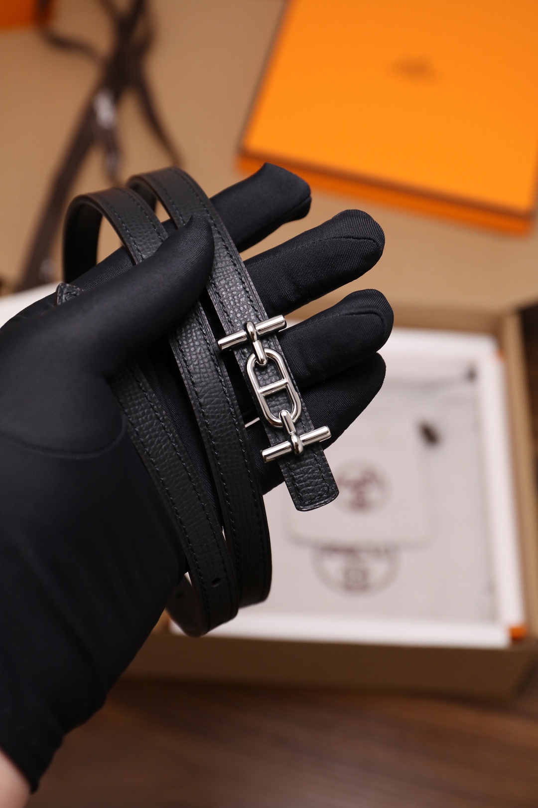 Hermes Roulis Slim Belt - Black Epsom Leather with Silver Buckle