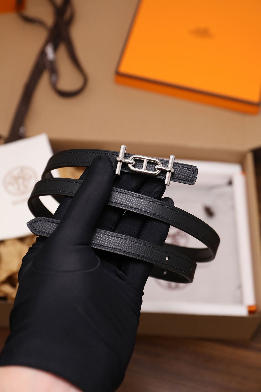 Hermes Roulis Slim Belt – Black Epsom Leather with Silver Buckle