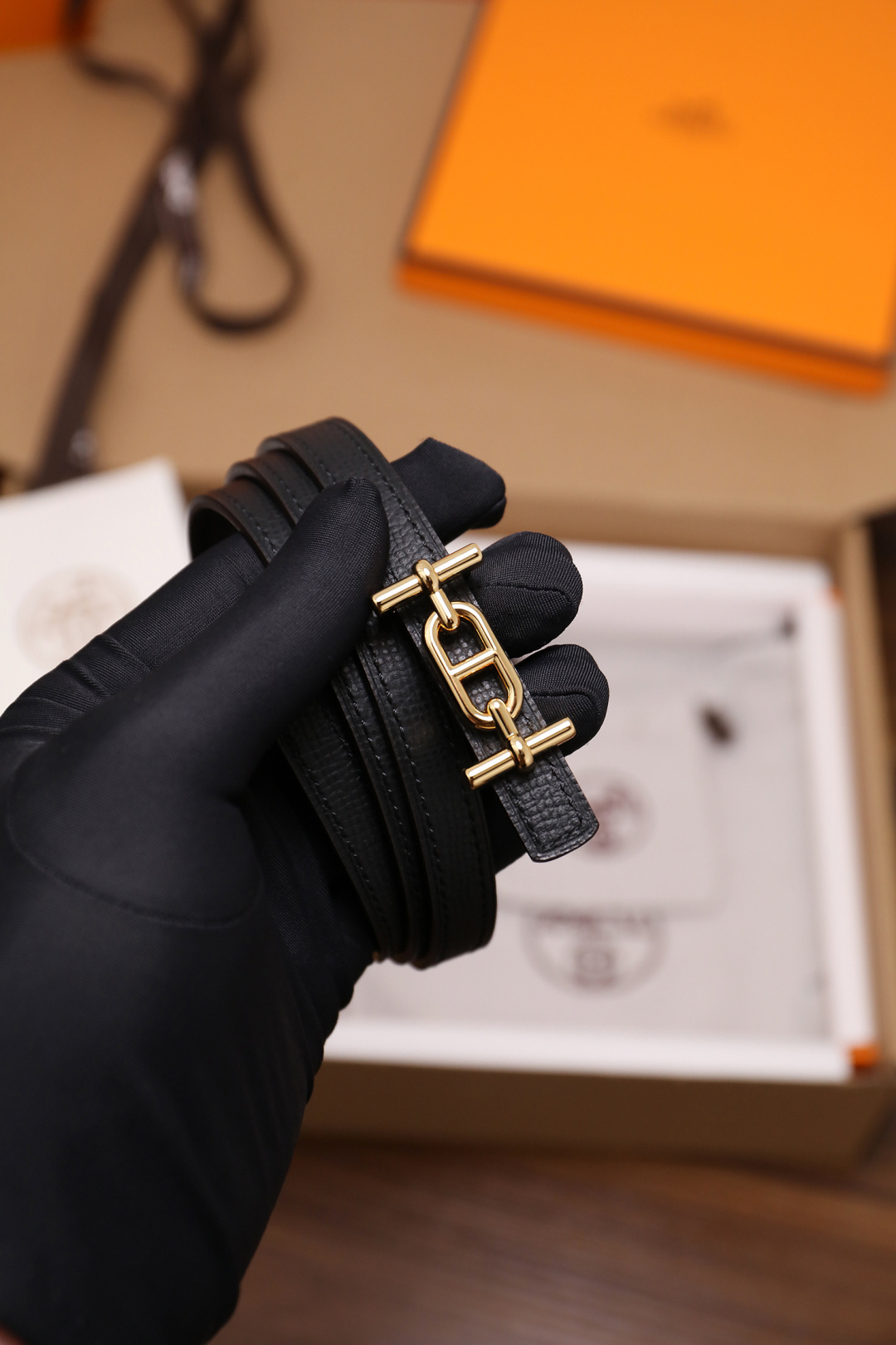 Luxury Black Leather Double Tour Bracelet with Gold Hardware