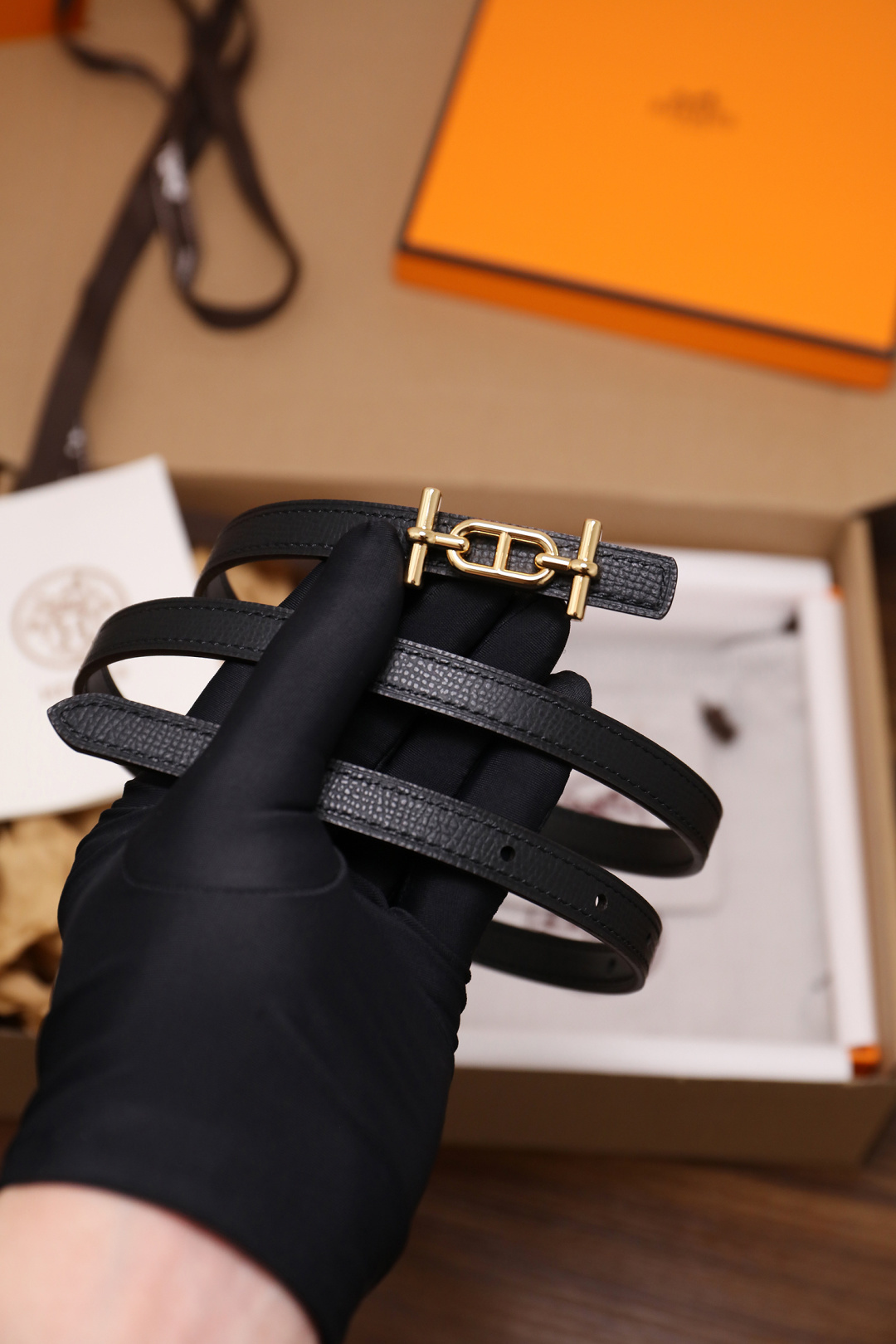 Luxury Black Leather Double Tour Bracelet with Gold Hardware