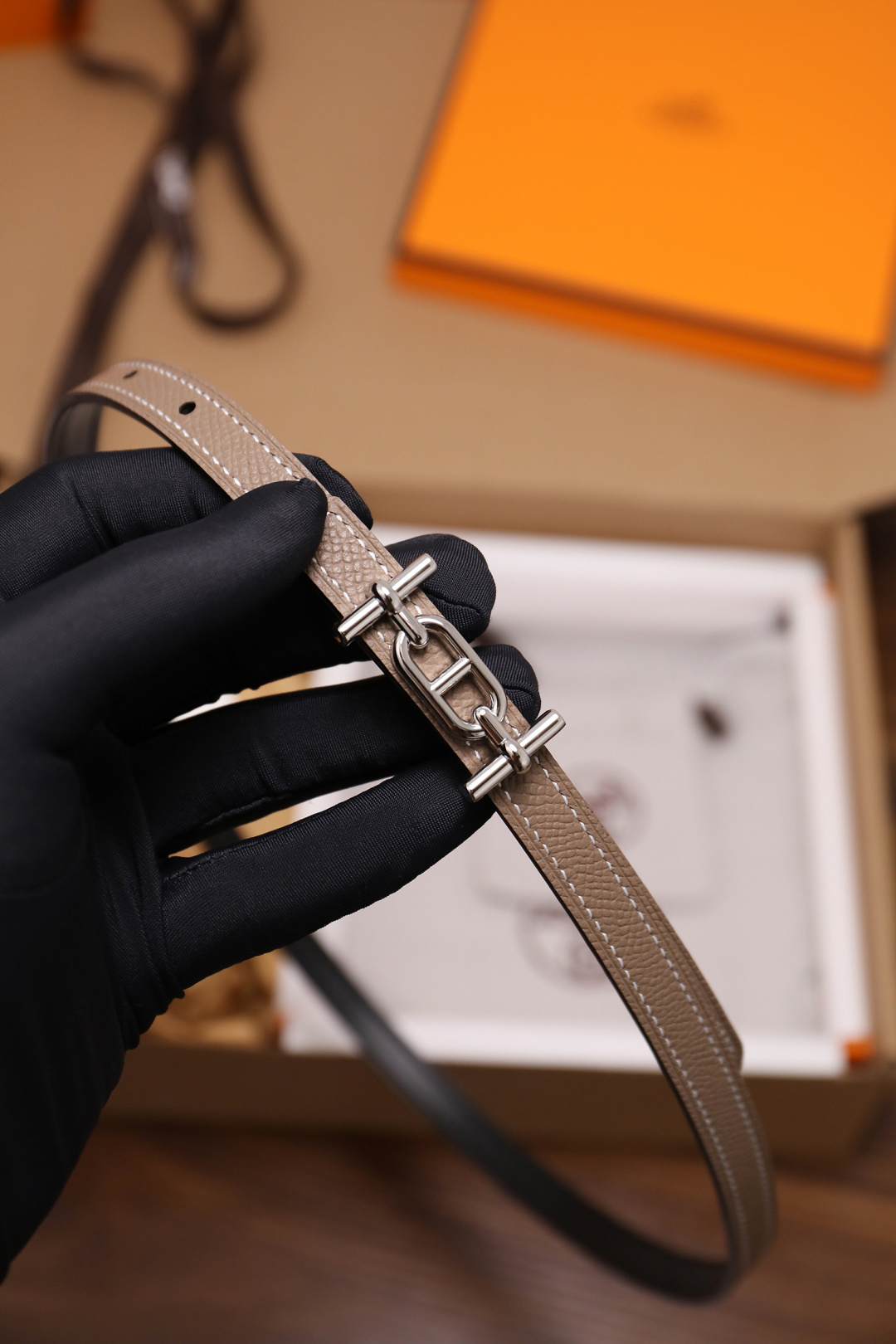 Hermès Etoupe Epsom Leather Slim Belt with Silver Buckle