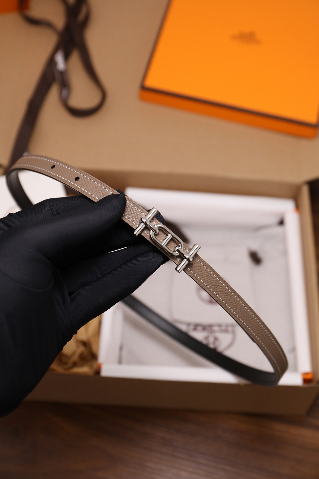 Hermès Etoupe Epsom Leather Slim Belt with Silver Buckle