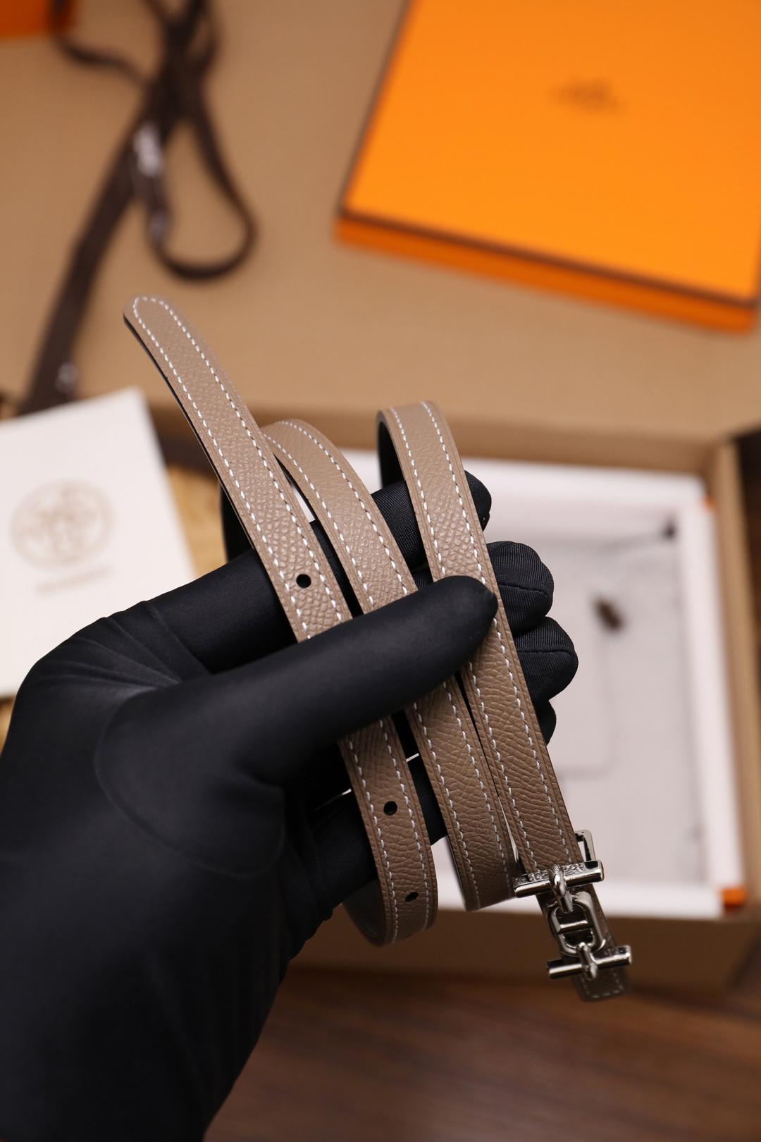 Hermès Etoupe Epsom Leather Slim Belt with Silver Buckle