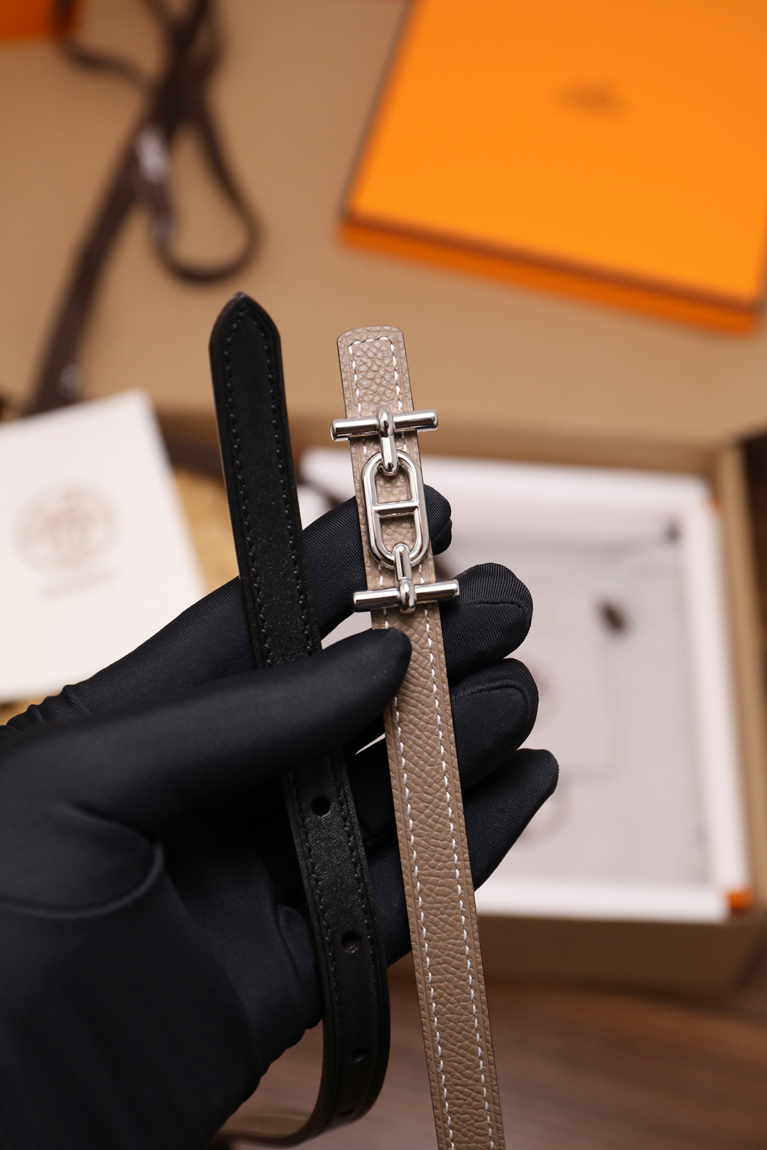 Hermès Etoupe Epsom Leather Slim Belt with Silver Buckle