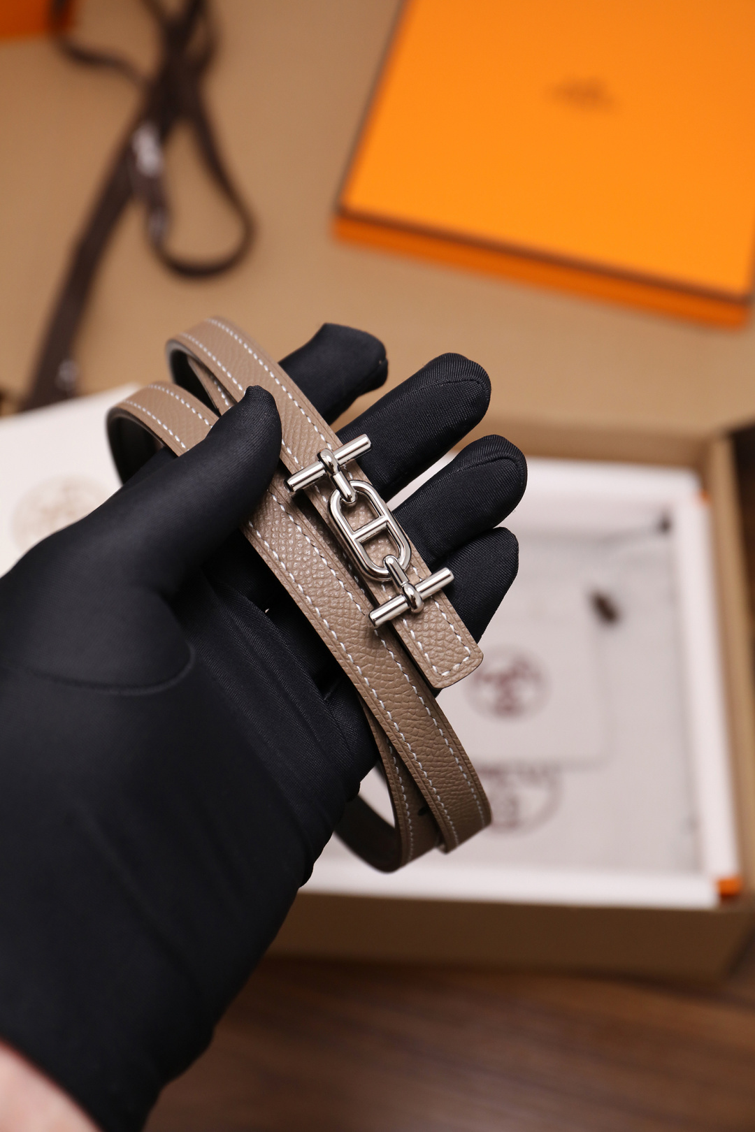 Hermès Etoupe Epsom Leather Slim Belt with Silver Buckle