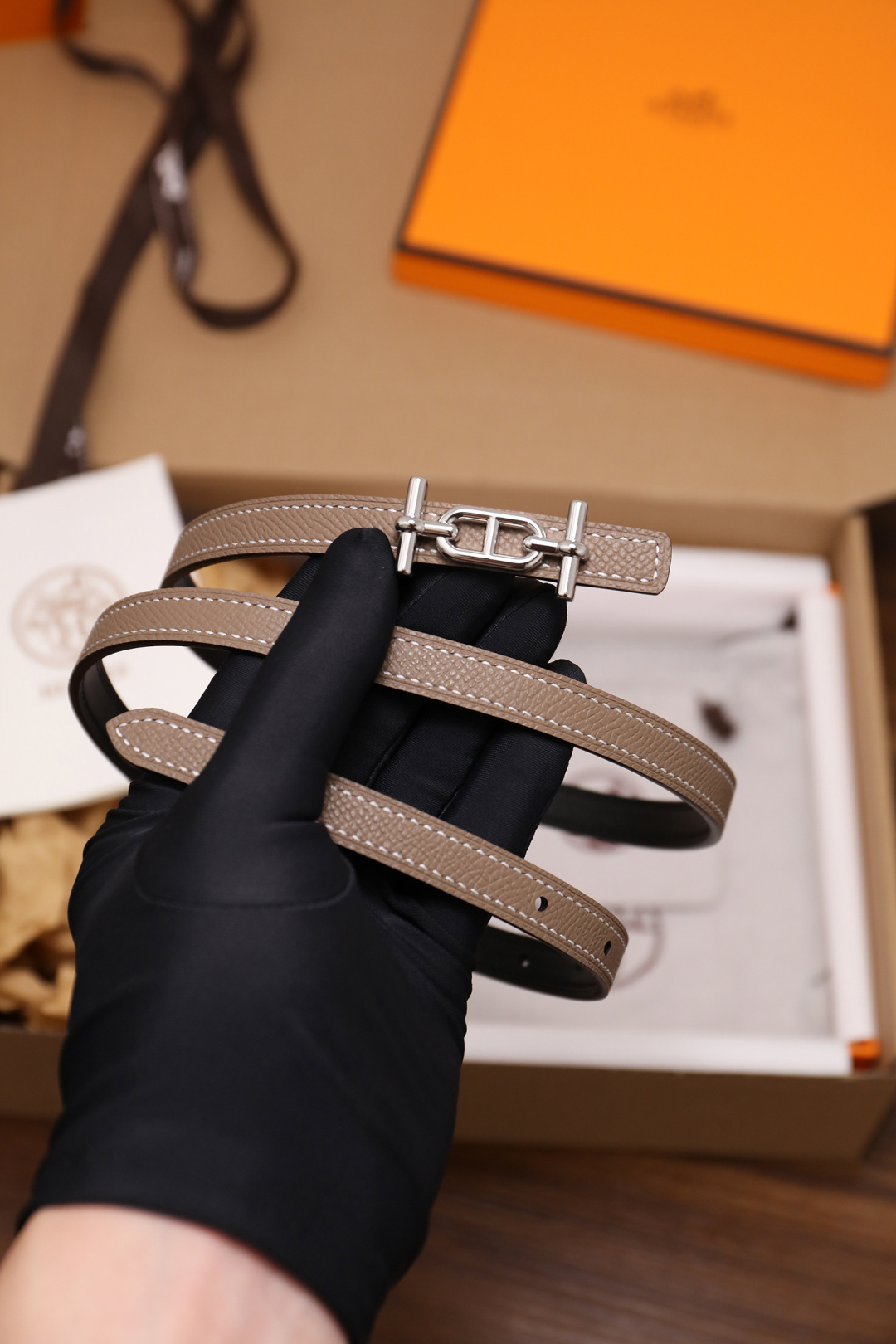 Hermès Etoupe Epsom Leather Slim Belt with Silver Buckle