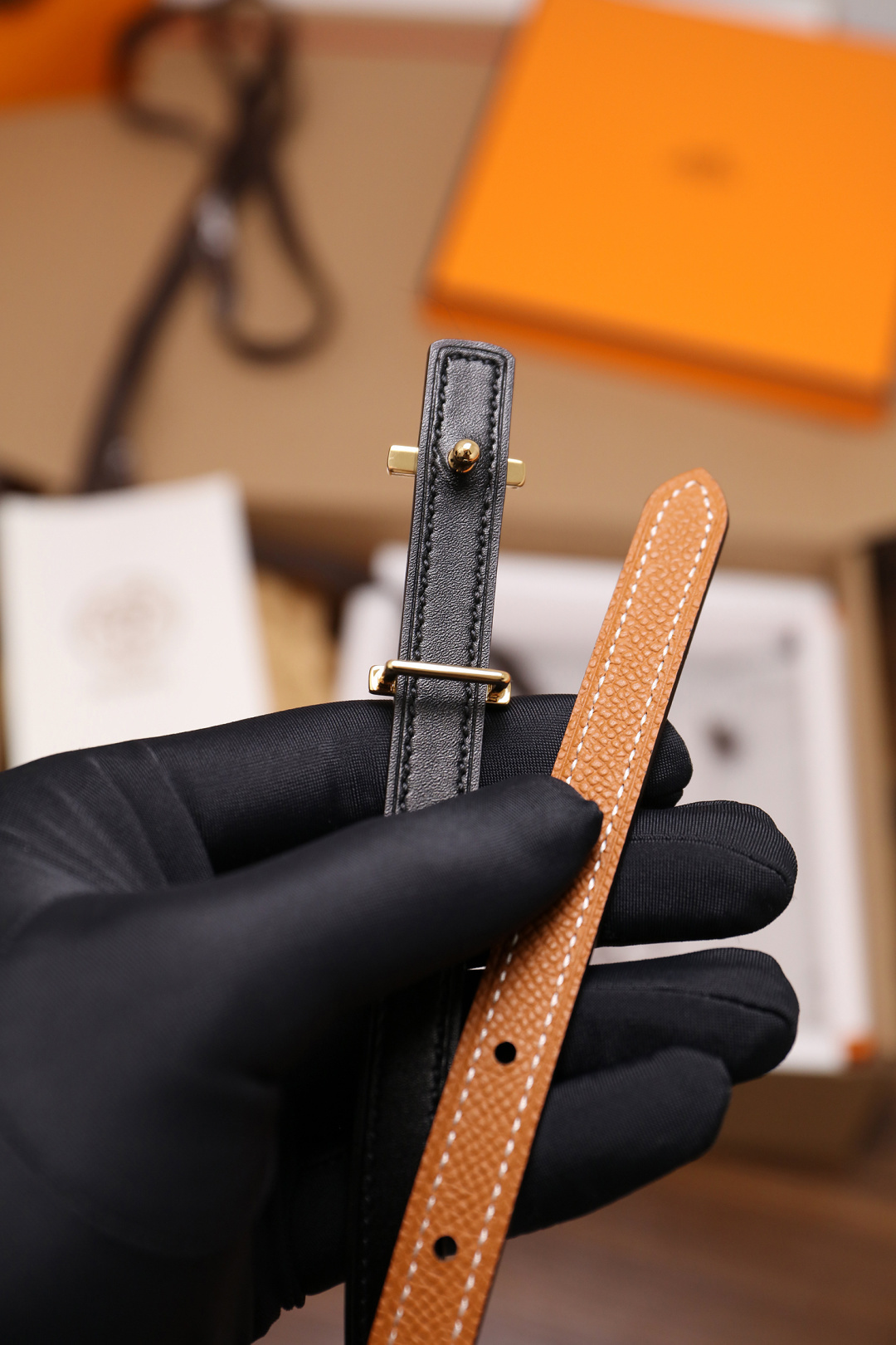 Luxury Tan Pebbled Leather Belt with Gold-Tone Link Buckle