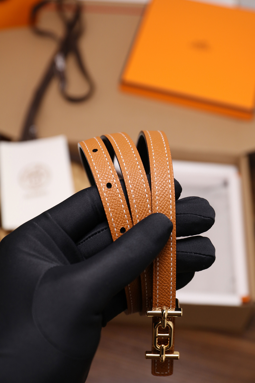 Luxury Tan Pebbled Leather Belt with Gold-Tone Link Buckle
