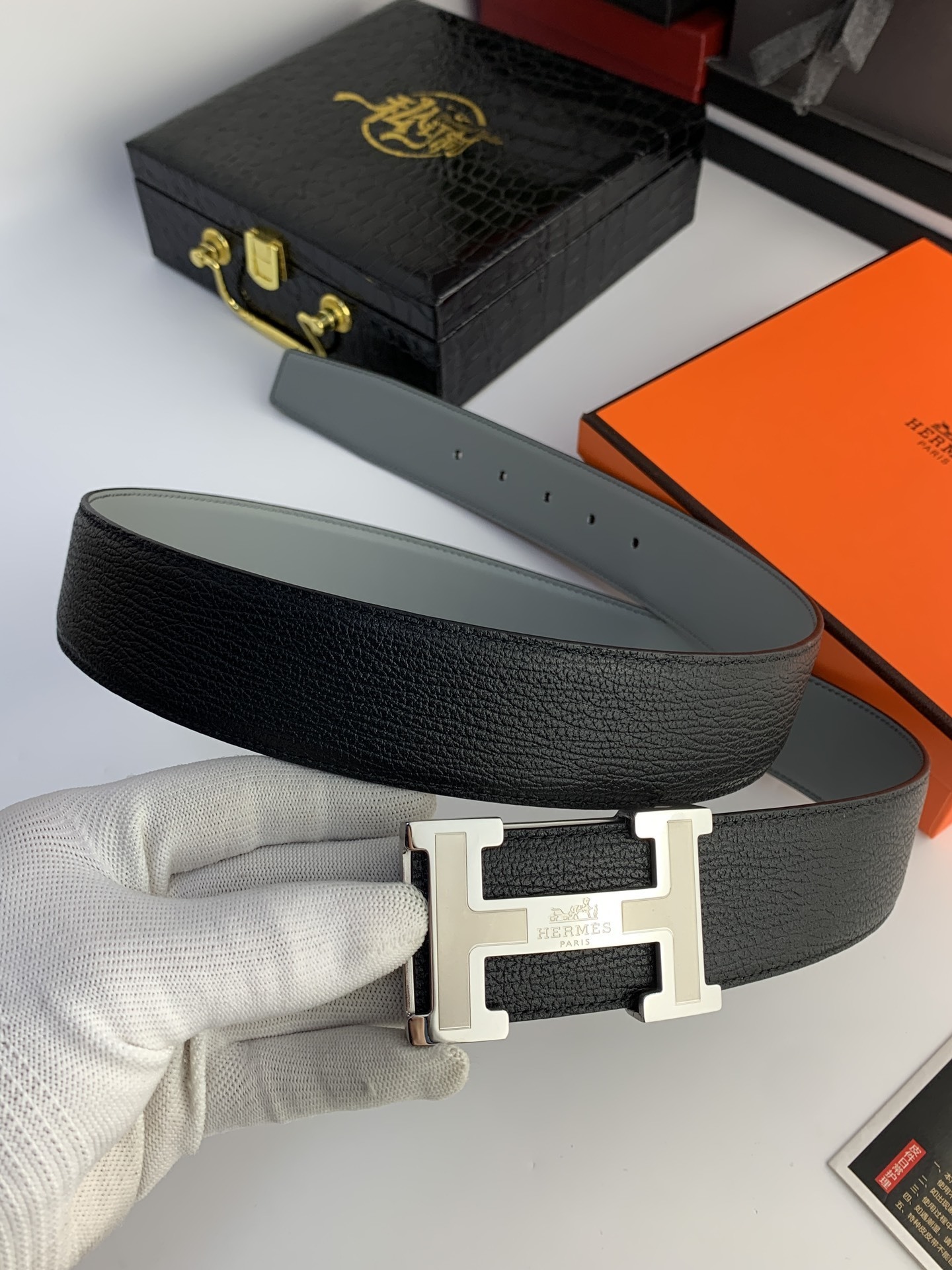 Hermès Men's Reversible Leather Belt with Silver H Buckle