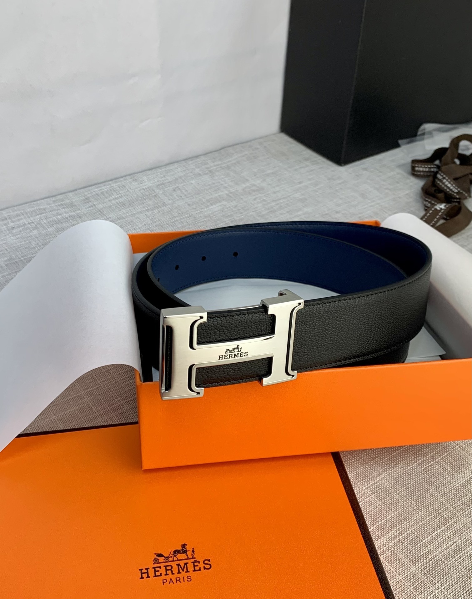Hermès Reversible Leather Belt with Brushed Silver H Buckle