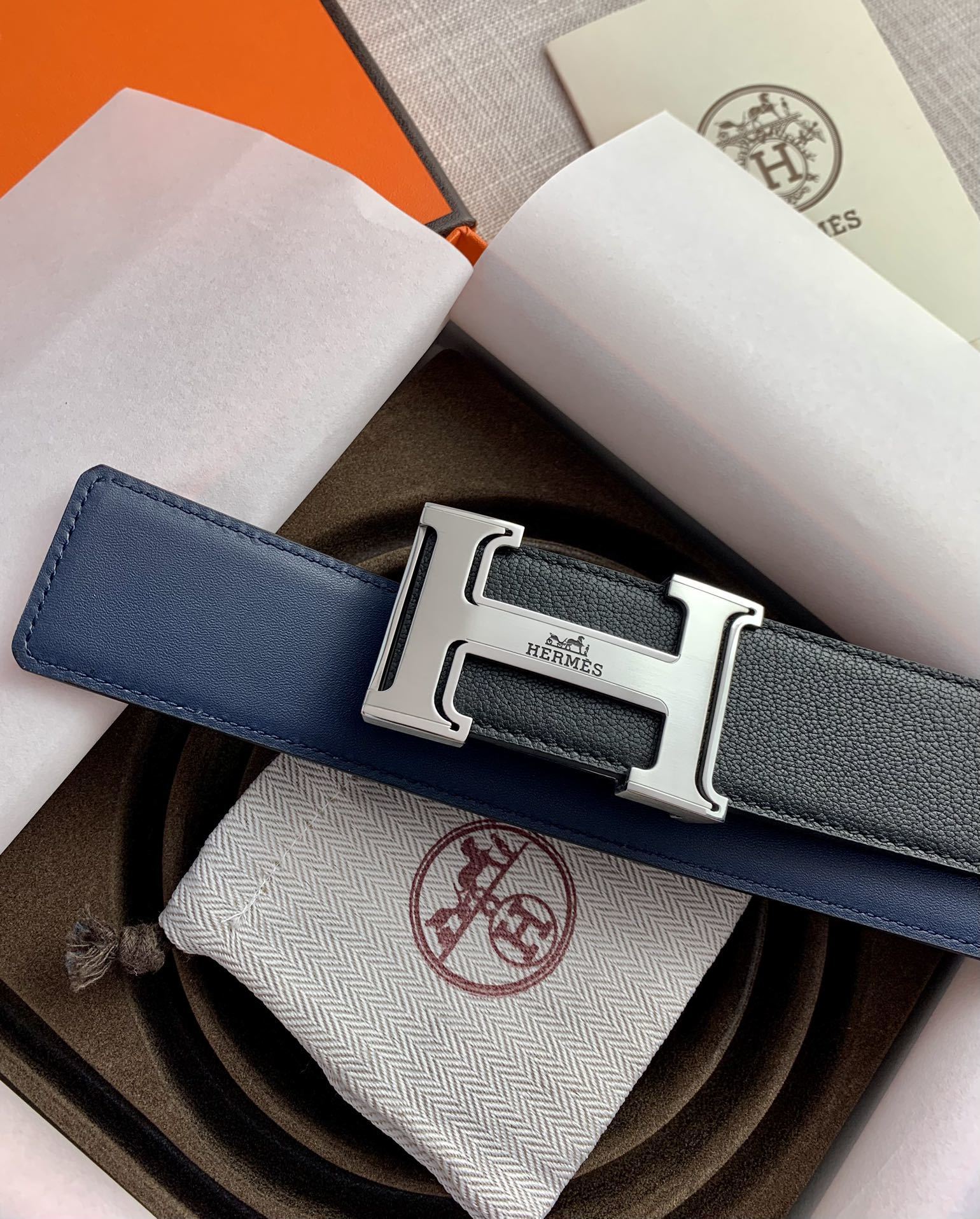 Hermès Reversible Leather Belt with Brushed Silver H Buckle