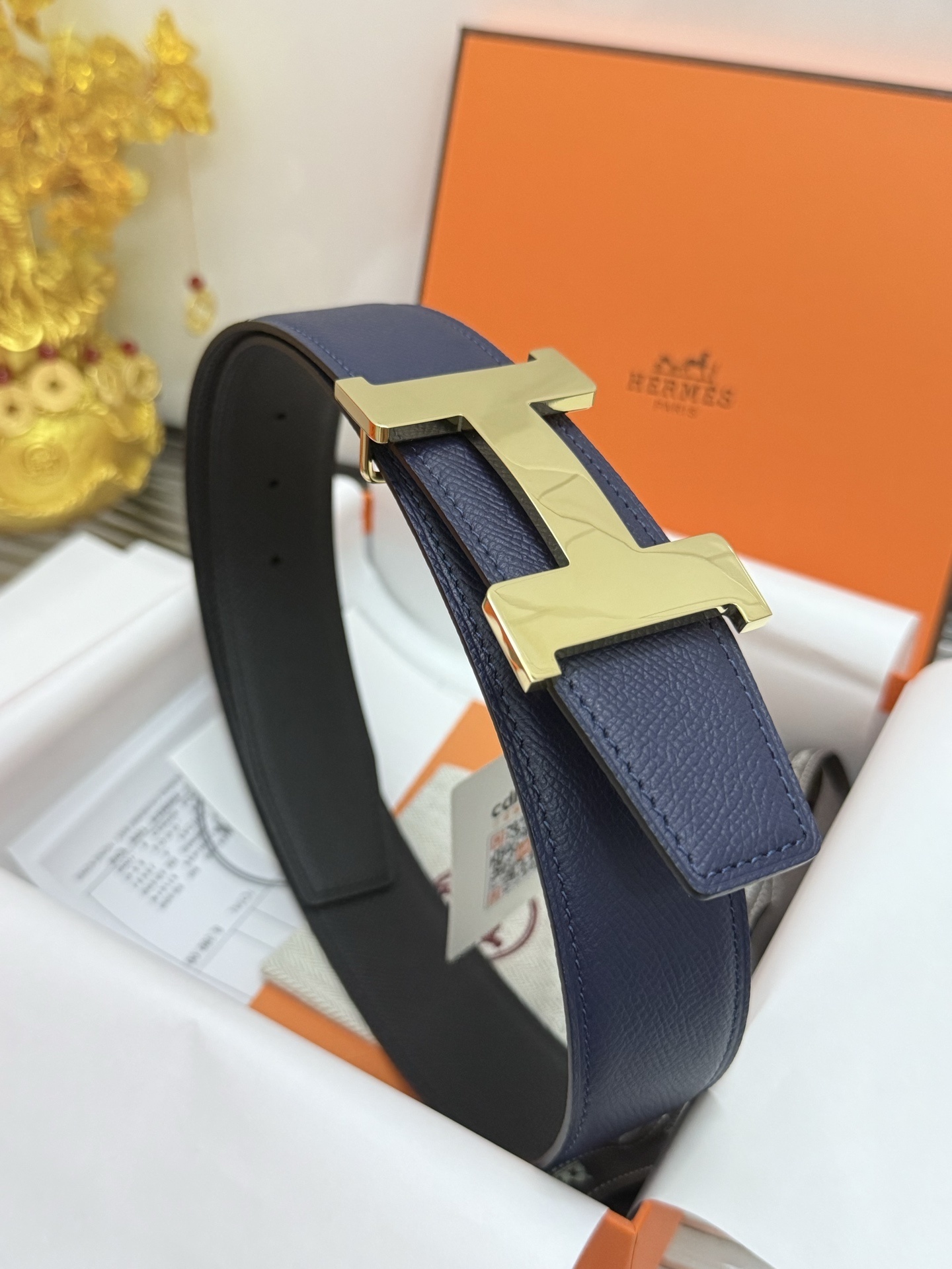 Hermes H Buckle Navy Blue Epsom Leather Belt with Gold Hardware
