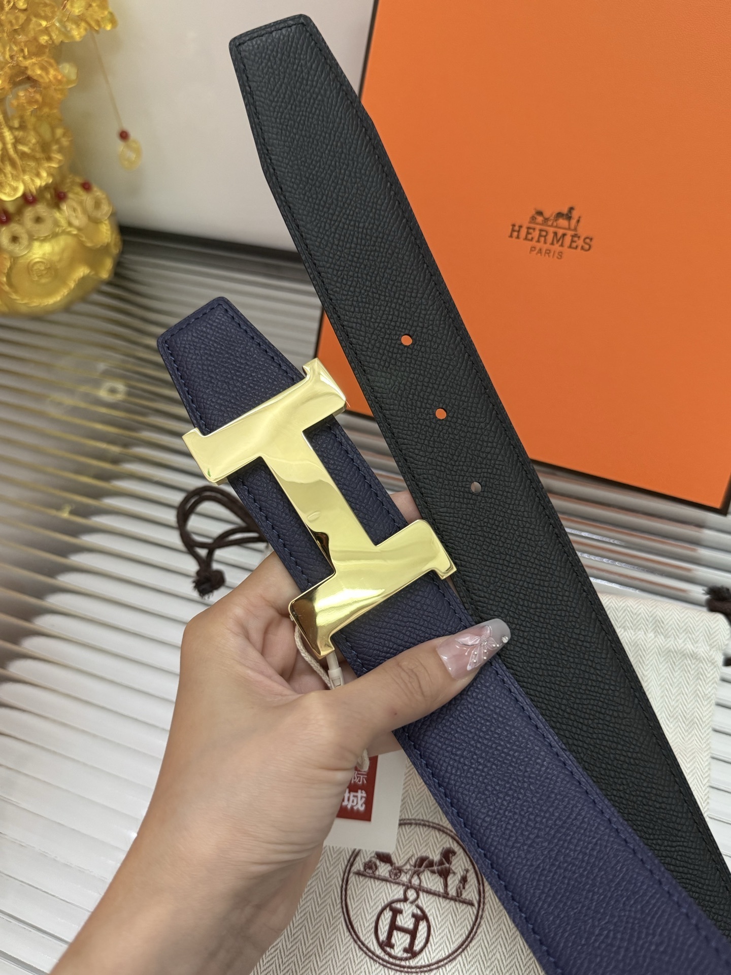 Hermes H Buckle Navy Blue Epsom Leather Belt with Gold Hardware