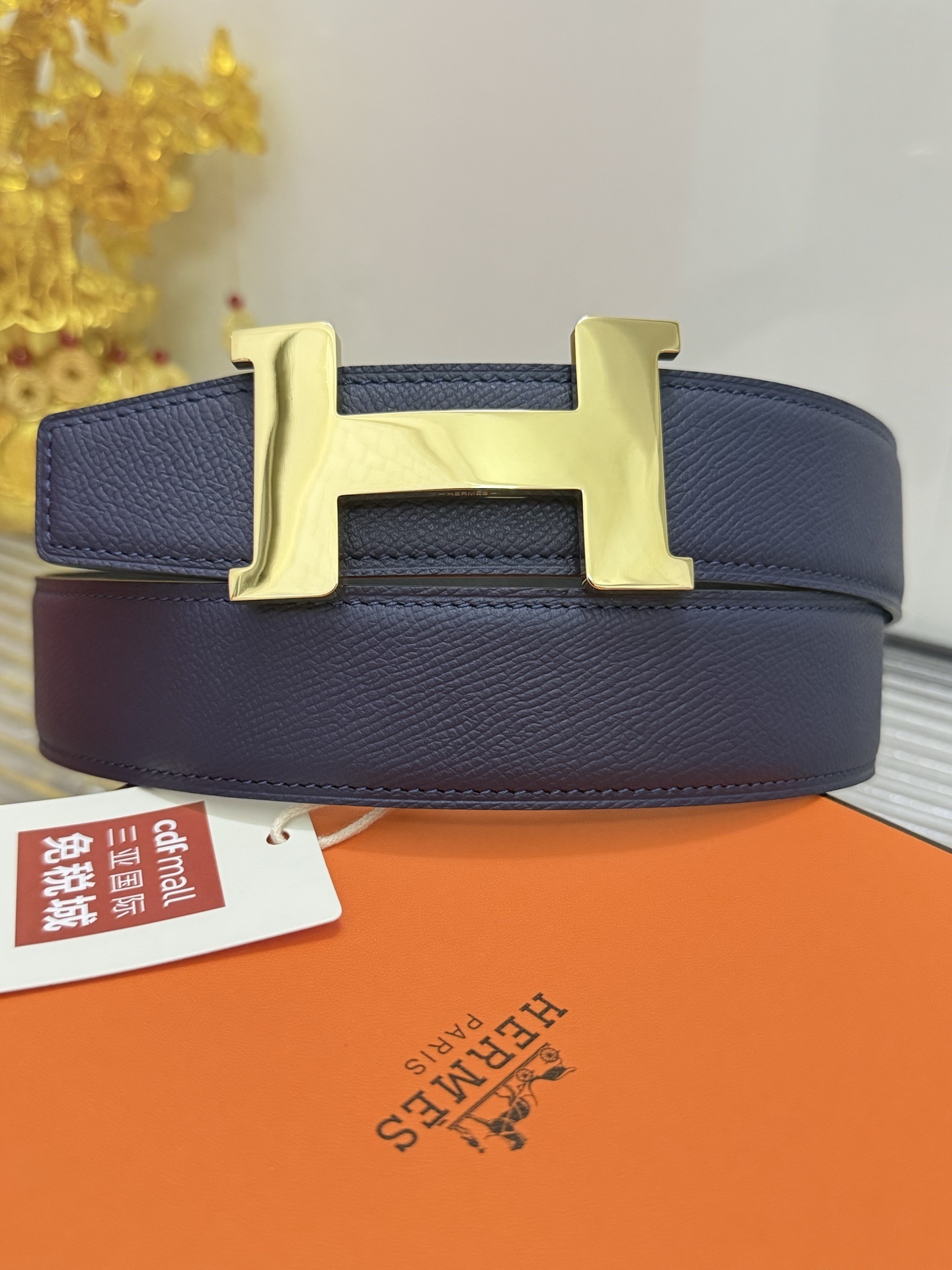 Hermes H Buckle Navy Blue Epsom Leather Belt with Gold Hardware