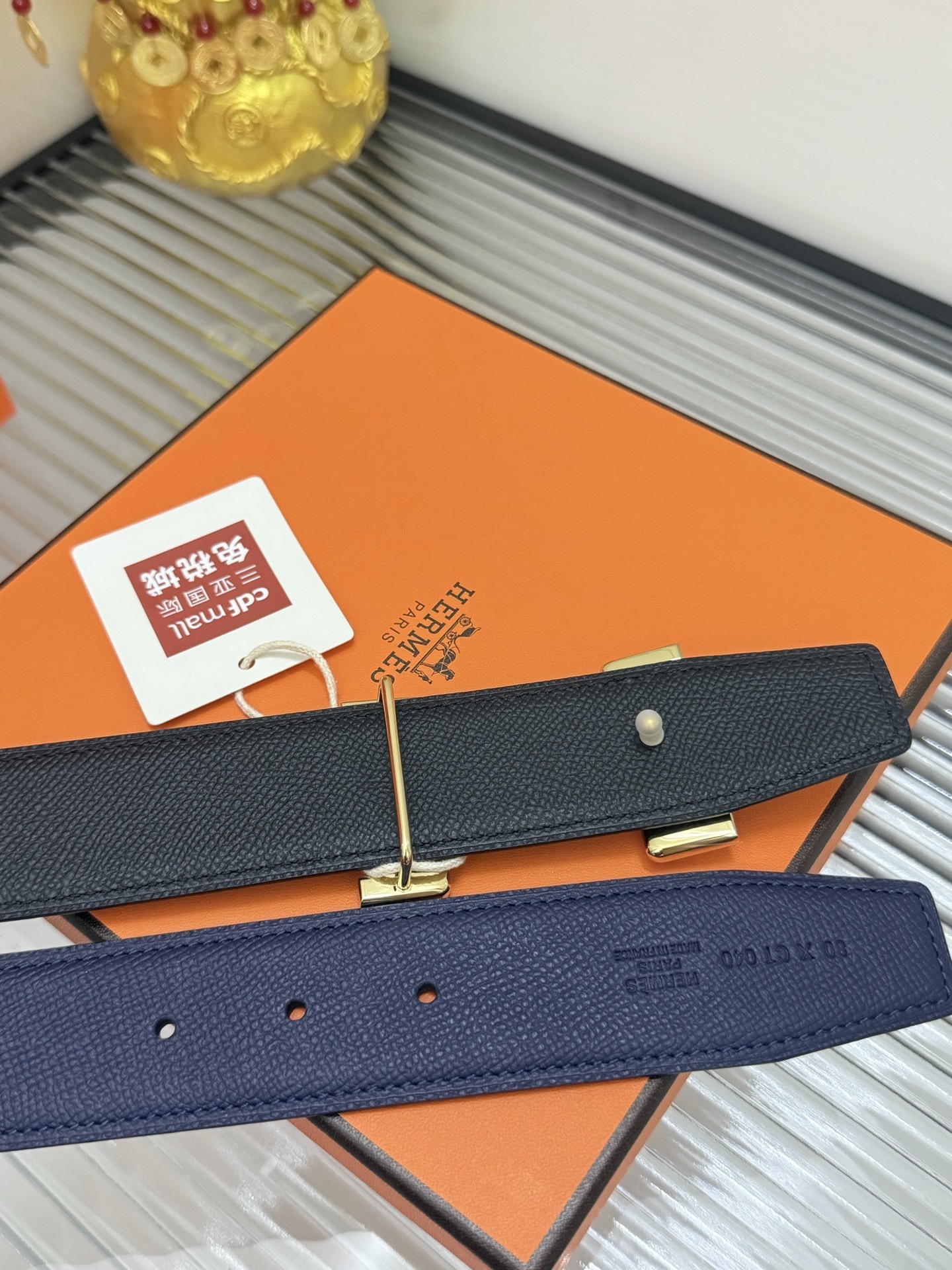 Hermes H Buckle Navy Blue Epsom Leather Belt with Gold Hardware