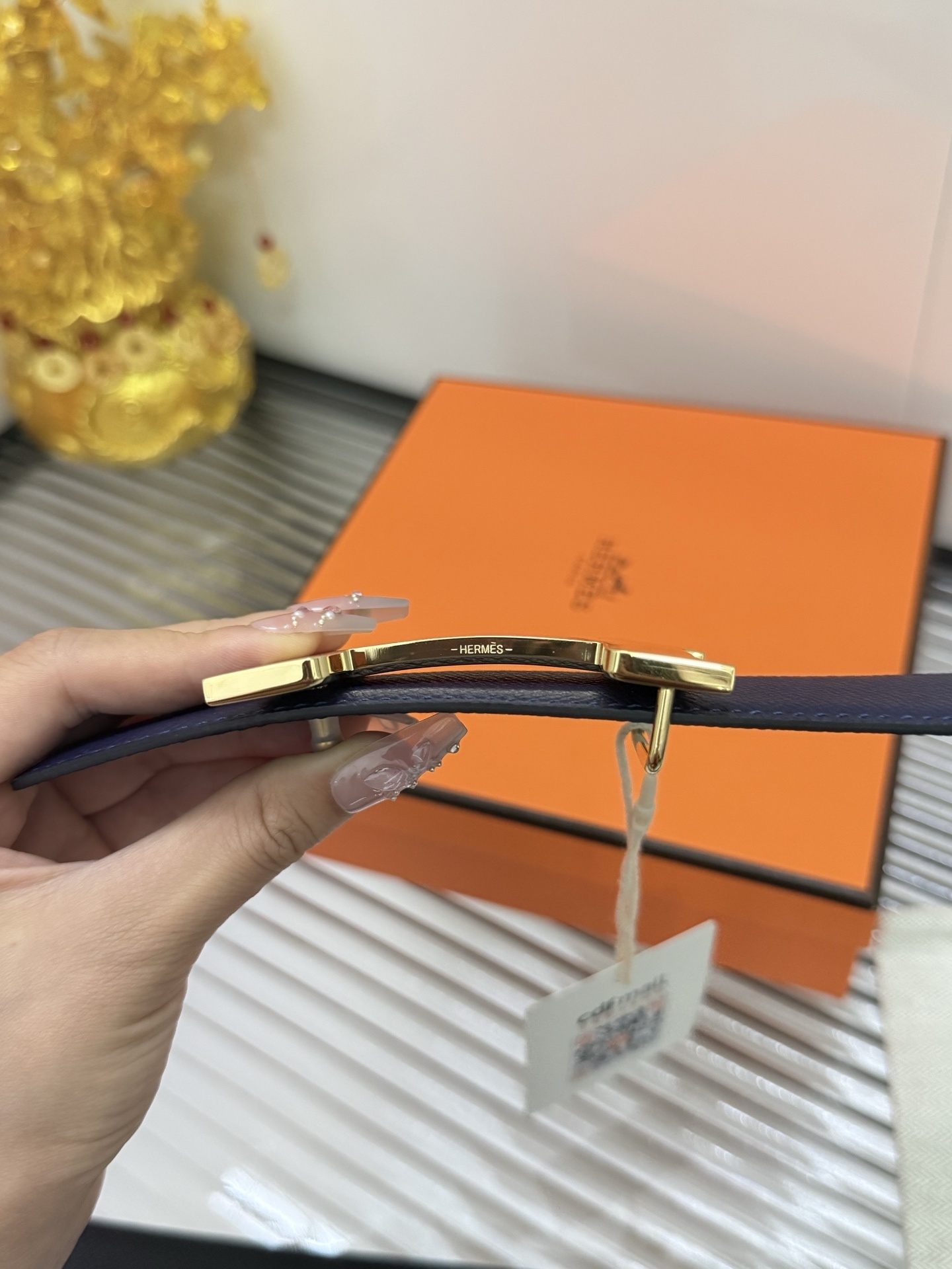 Hermes H Buckle Navy Blue Epsom Leather Belt with Gold Hardware