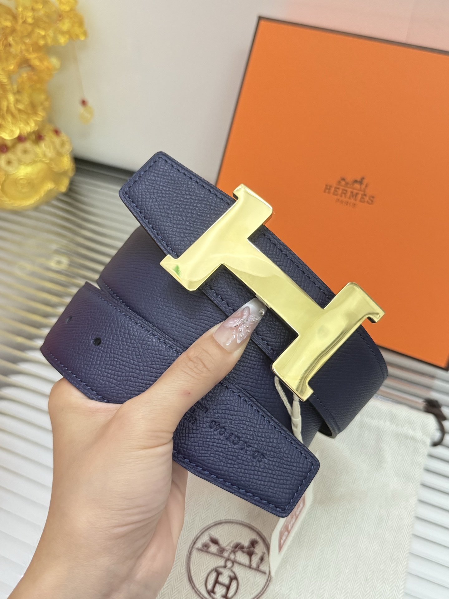 Hermes H Buckle Navy Blue Epsom Leather Belt with Gold Hardware