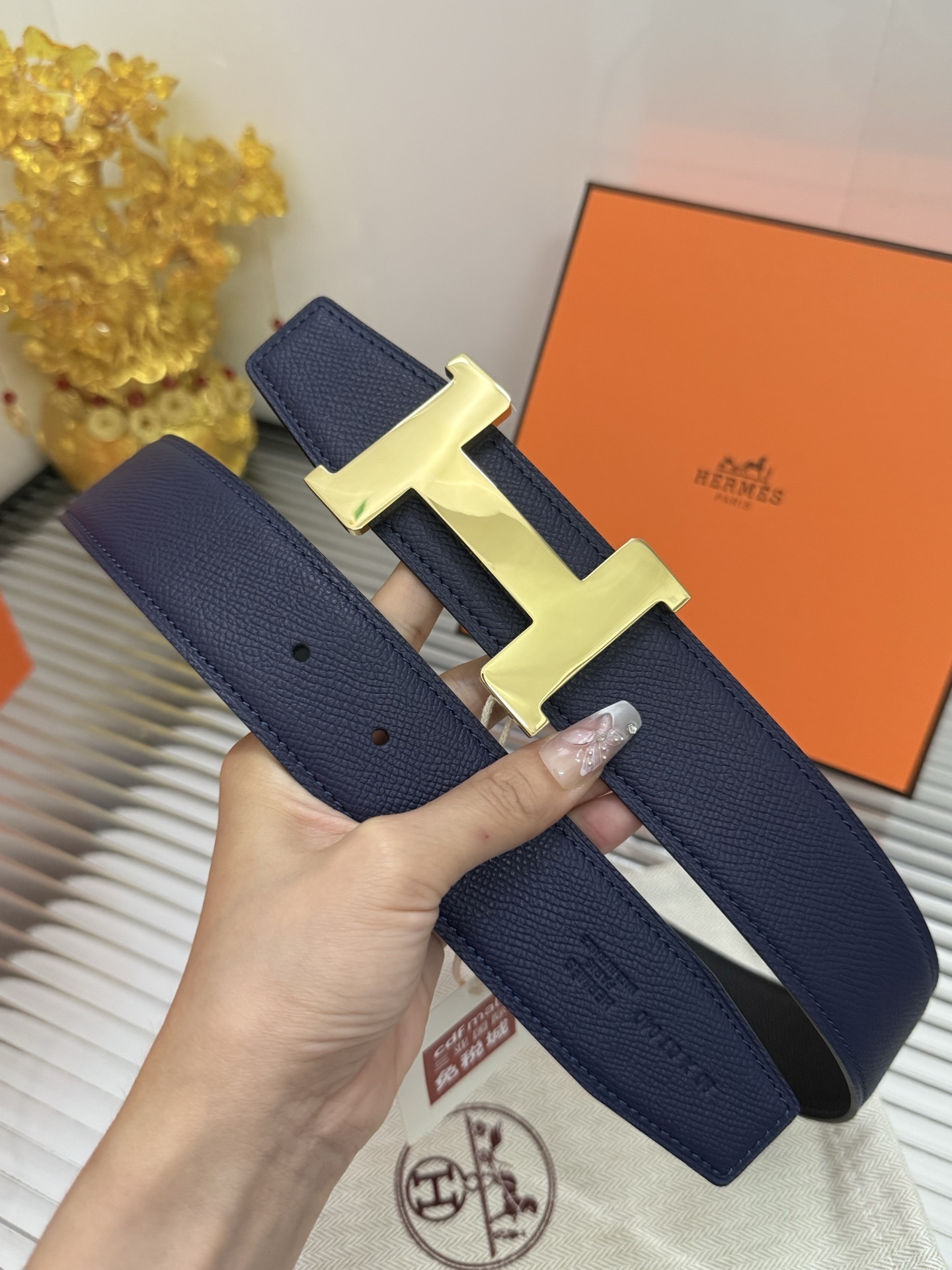 Hermes H Buckle Navy Blue Epsom Leather Belt with Gold Hardware