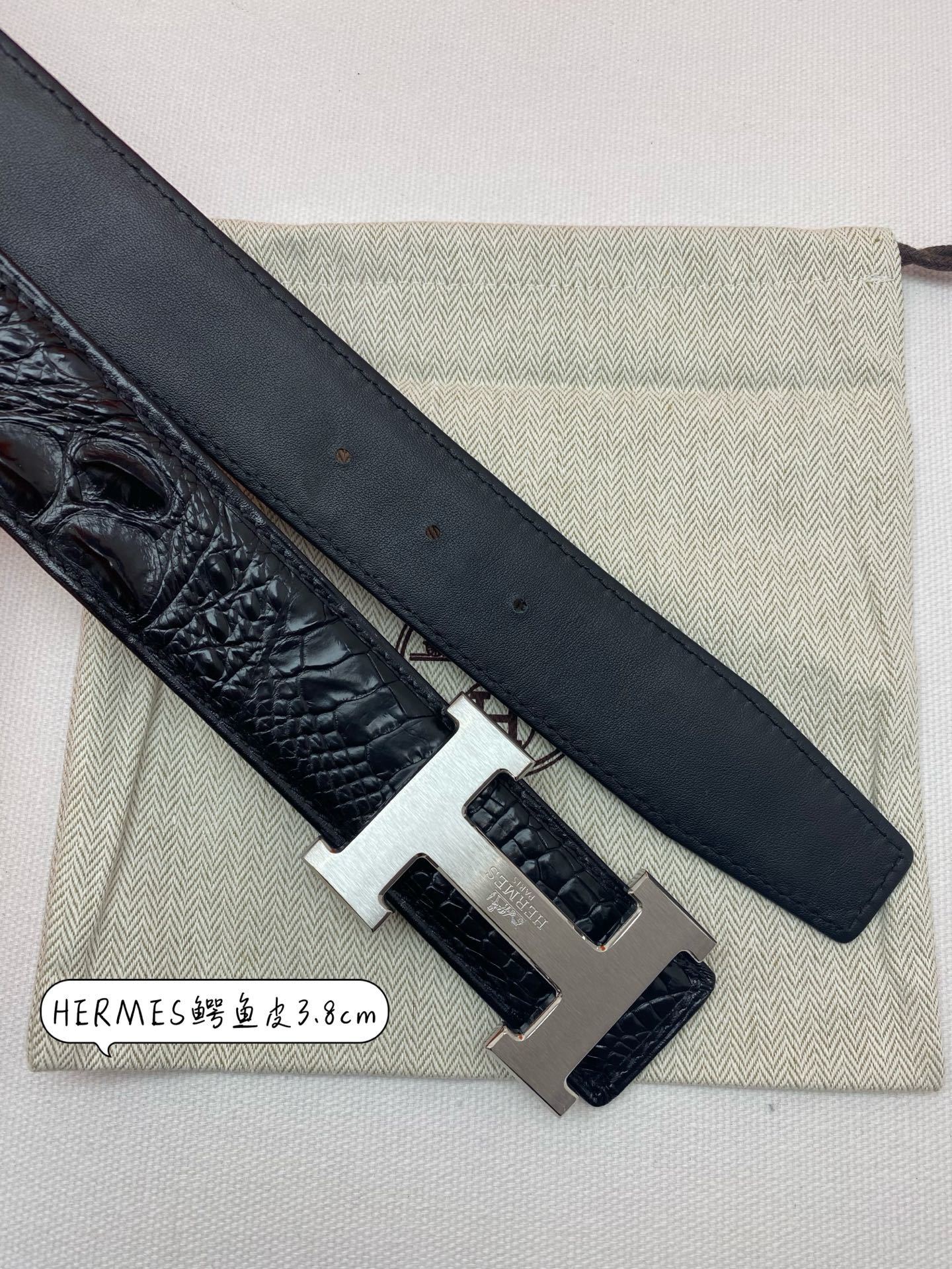 Hermes Men's Crocodile Leather Belt 3.8cm with Silver H Buckle