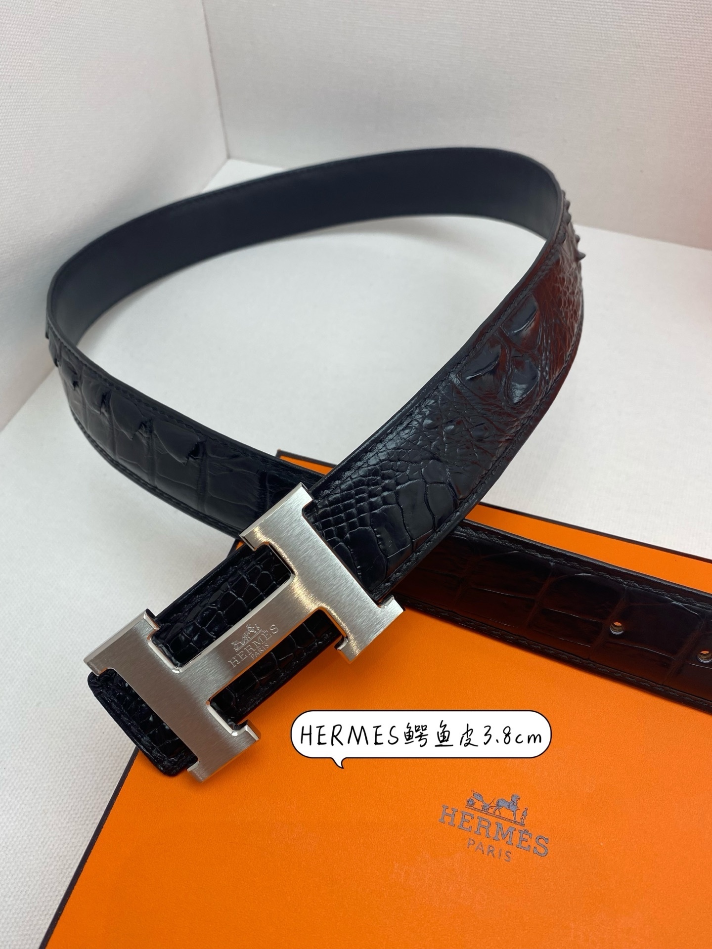 Hermes Men's Crocodile Leather Belt 3.8cm with Silver H Buckle