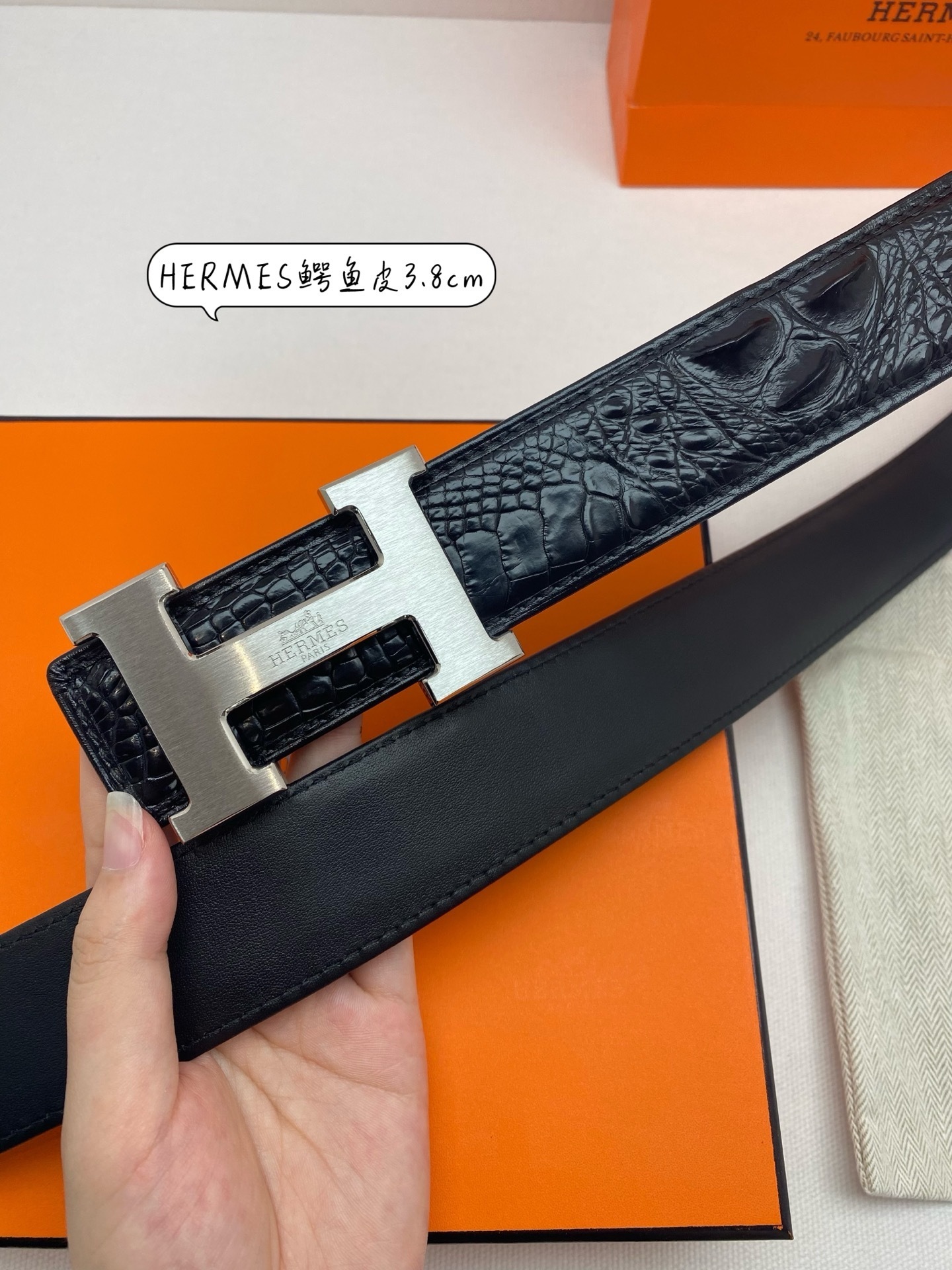 Hermes Men's Crocodile Leather Belt 3.8cm with Silver H Buckle