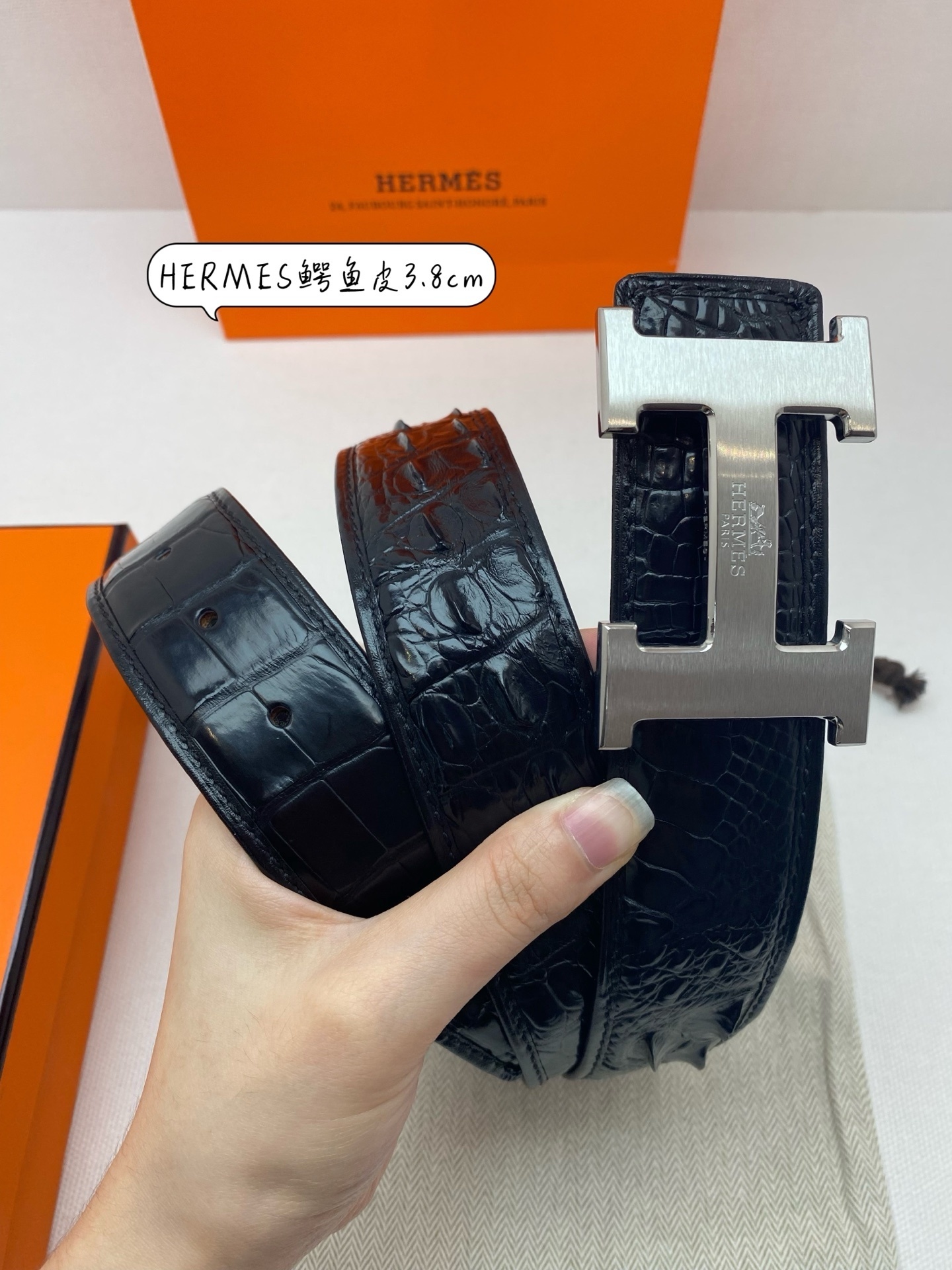 Hermes Men's Crocodile Leather Belt 3.8cm with Silver H Buckle