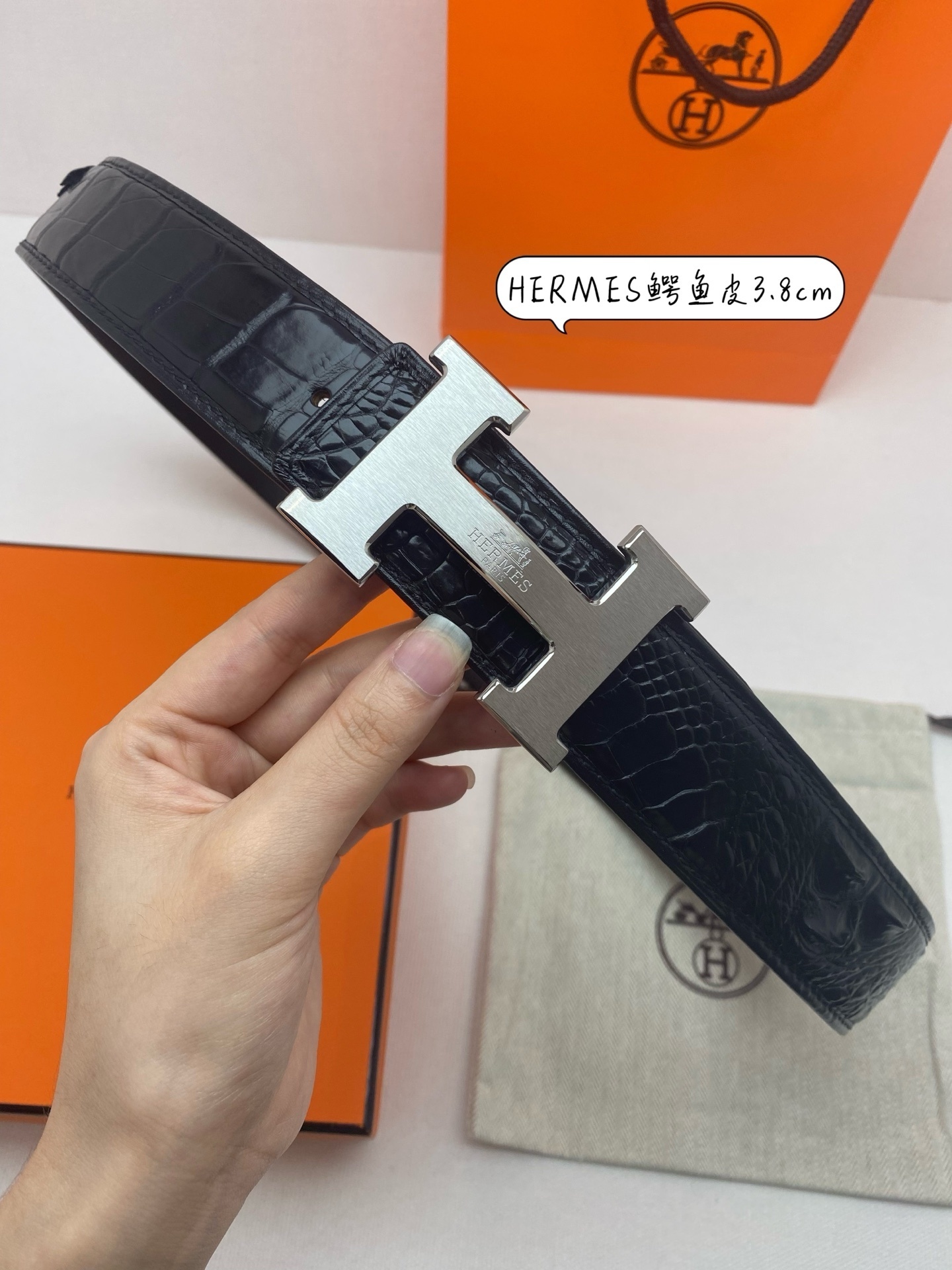 Hermes Men's Crocodile Leather Belt 3.8cm with Silver H Buckle