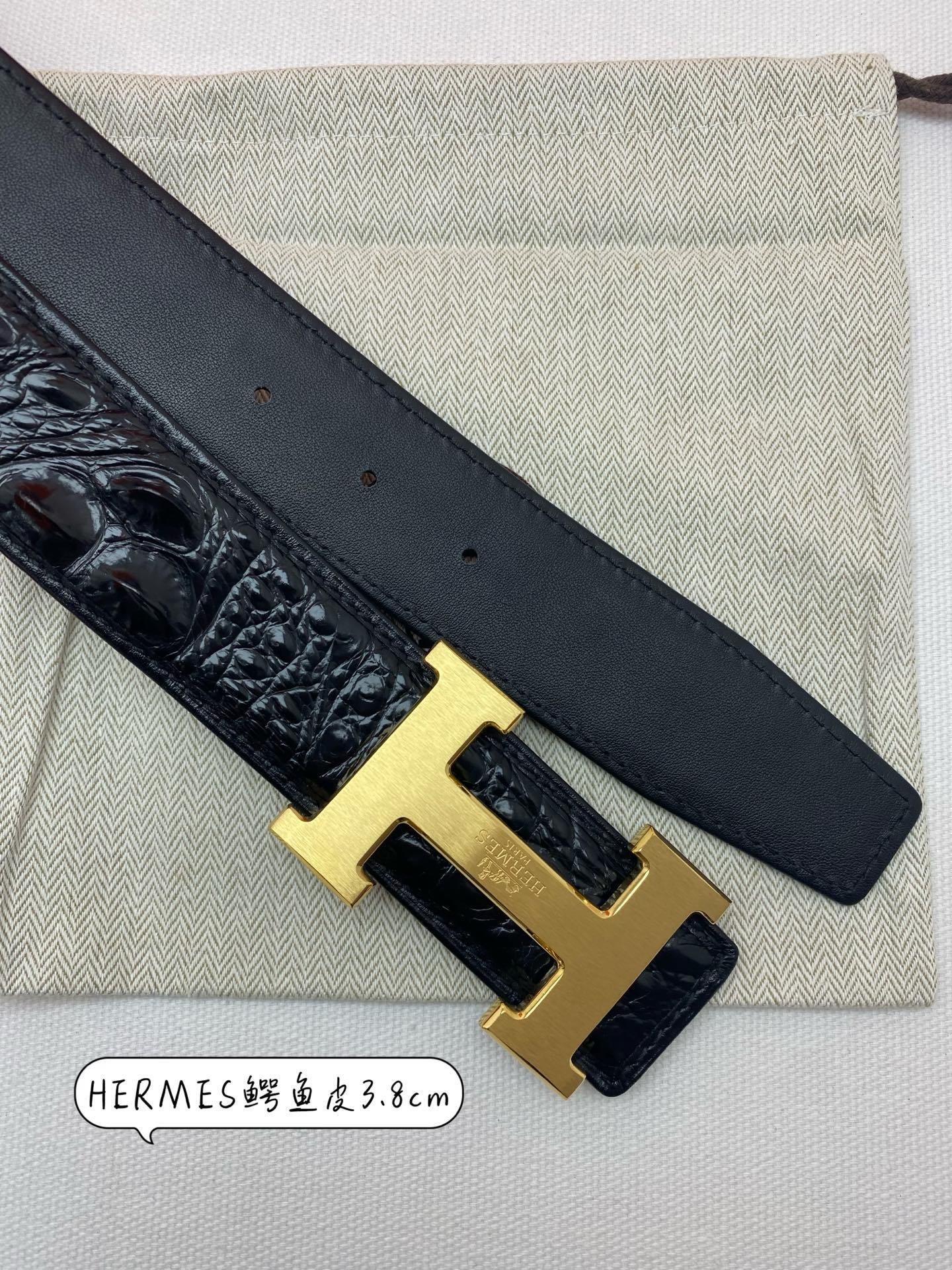 Hermes Black Crocodile Leather Belt with Gold H Buckle - 3.8cm
