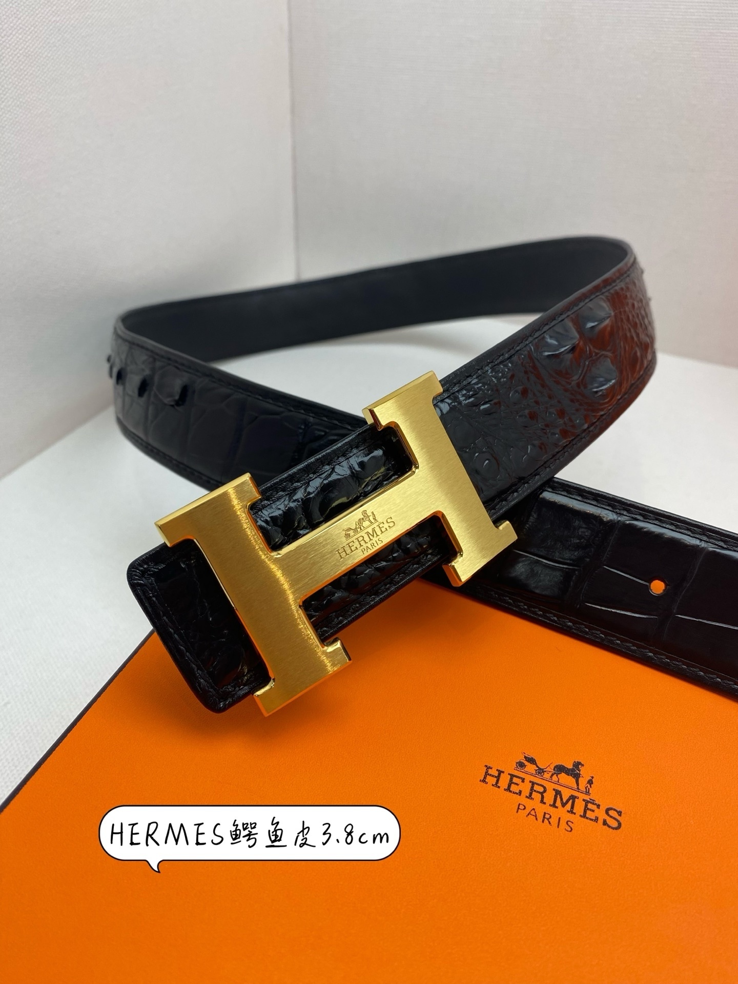 Hermes Black Crocodile Leather Belt with Gold H Buckle - 3.8cm