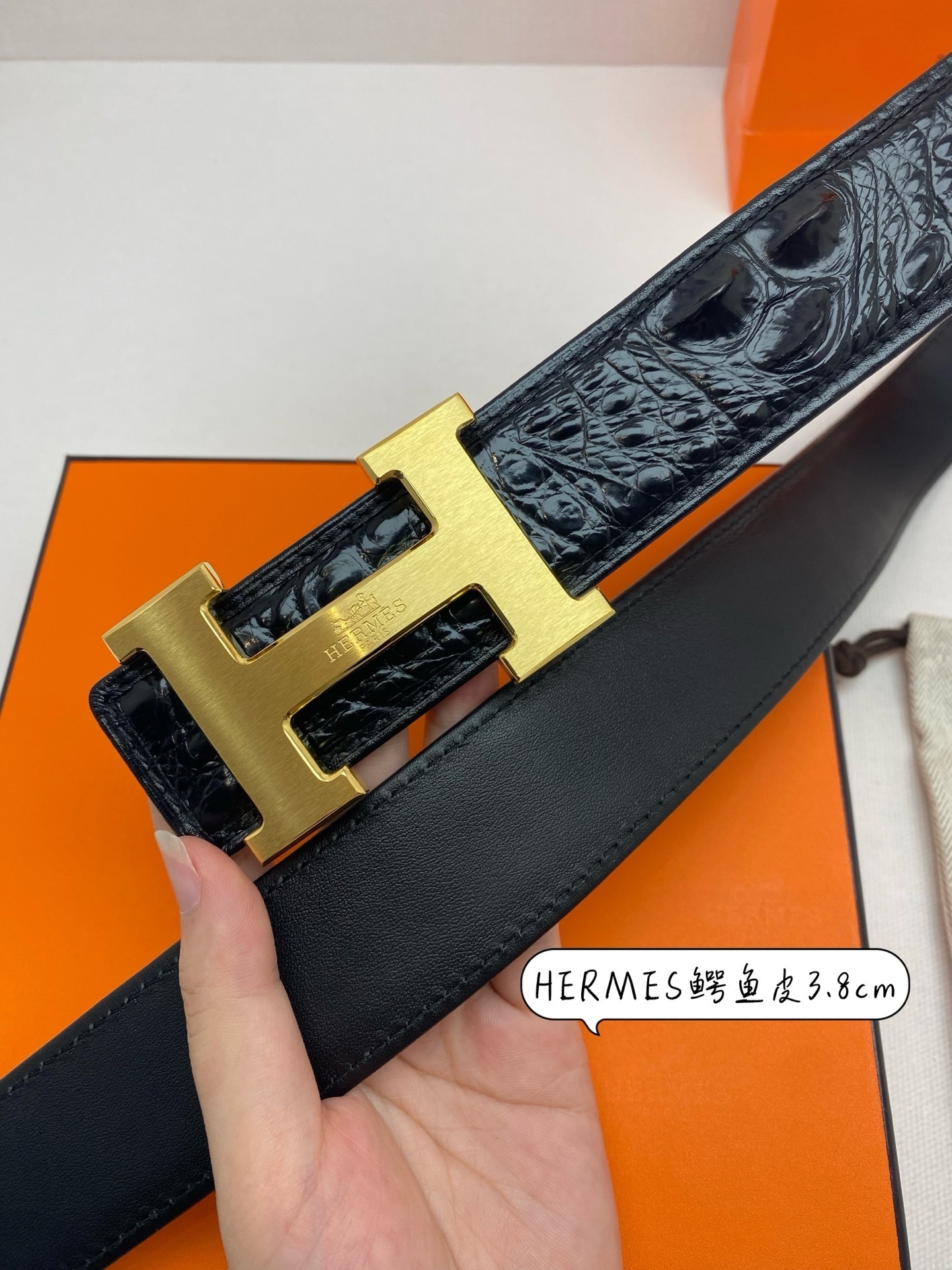 Hermes Black Crocodile Leather Belt with Gold H Buckle - 3.8cm