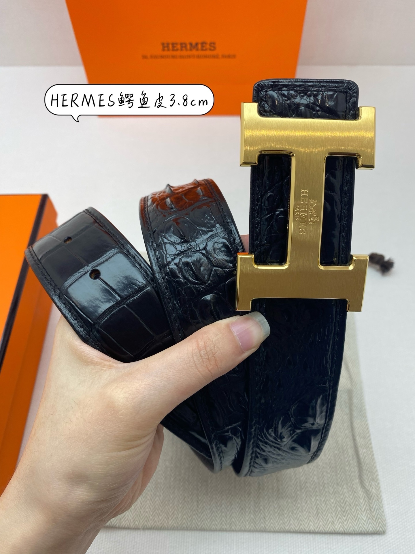 Hermes Black Crocodile Leather Belt with Gold H Buckle - 3.8cm