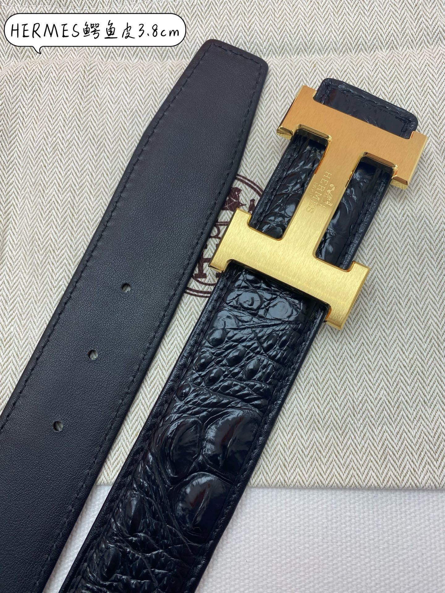 Hermes Black Crocodile Leather Belt with Gold H Buckle – 3.8cm