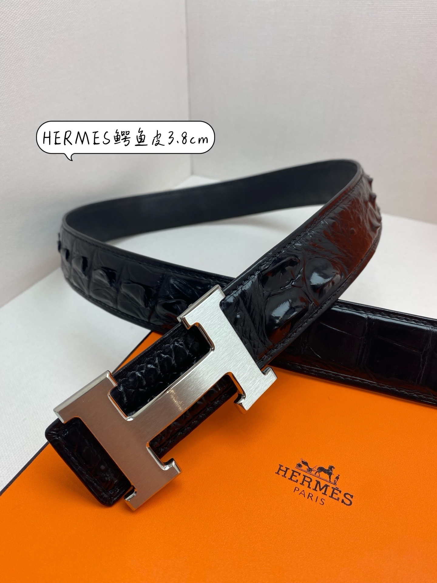 Hermes 3.8cm Black Crocodile Leather Belt with Silver H Buckle