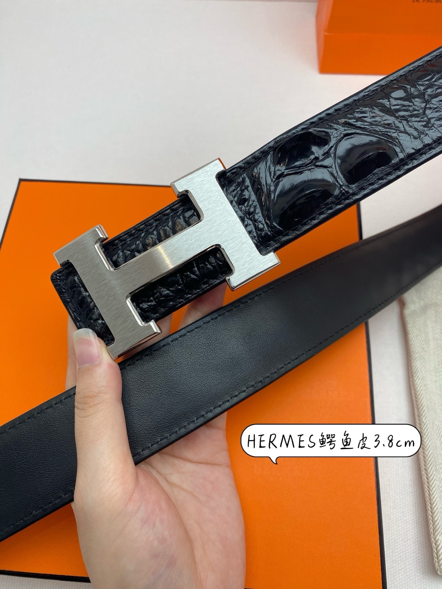 Hermes 3.8cm Black Crocodile Leather Belt with Silver H Buckle