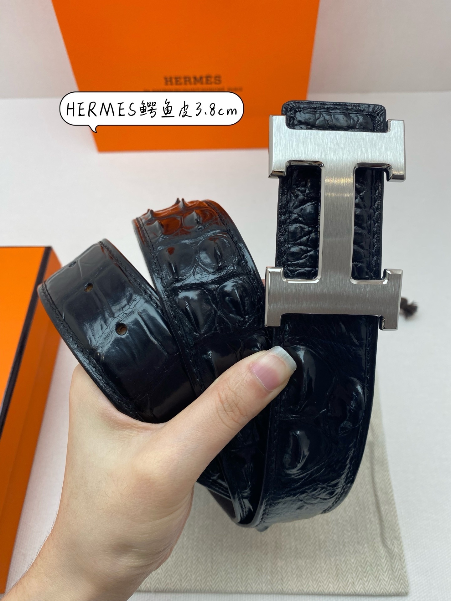 Hermes 3.8cm Black Crocodile Leather Belt with Silver H Buckle