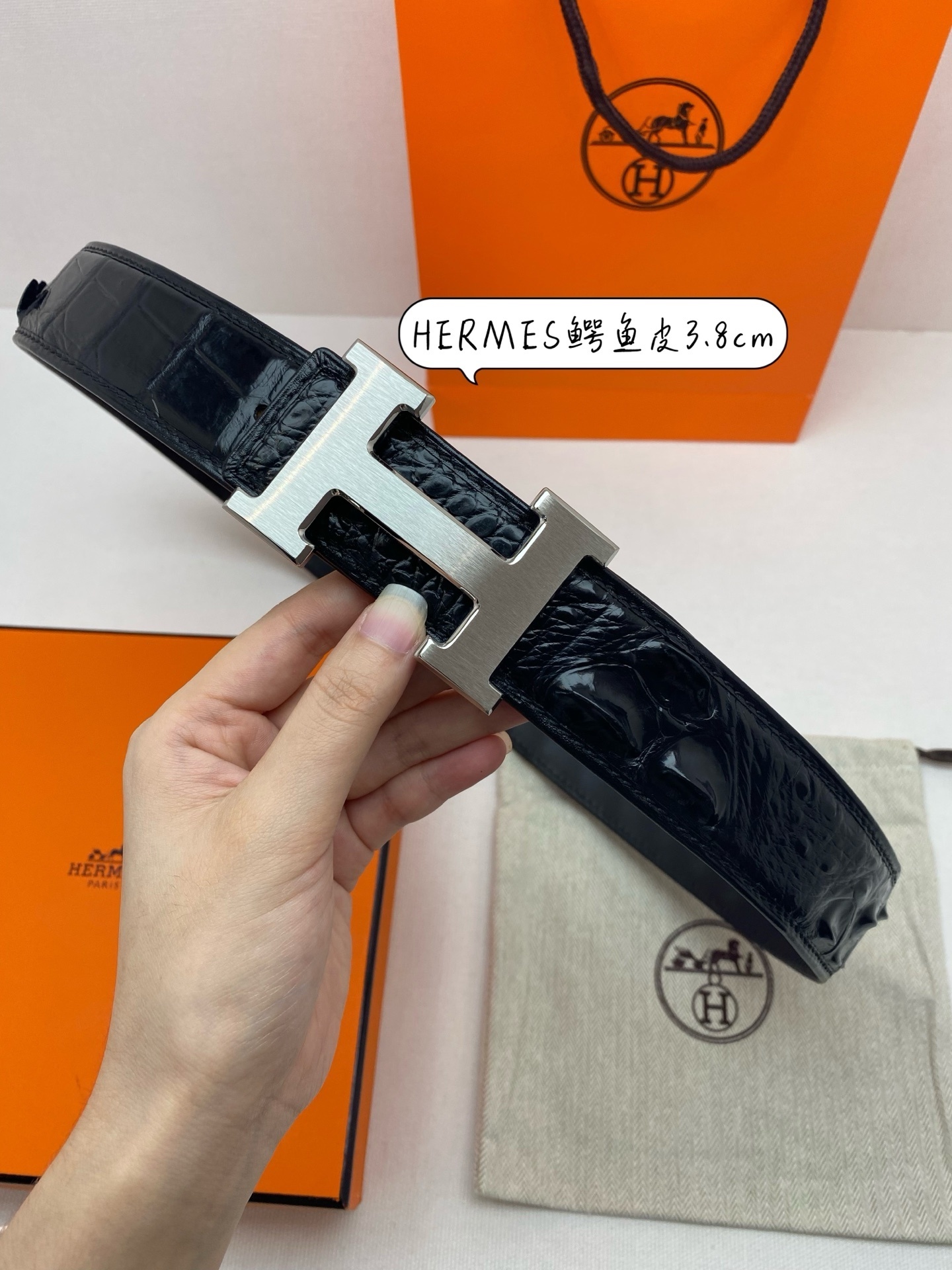 Hermes 3.8cm Black Crocodile Leather Belt with Silver H Buckle