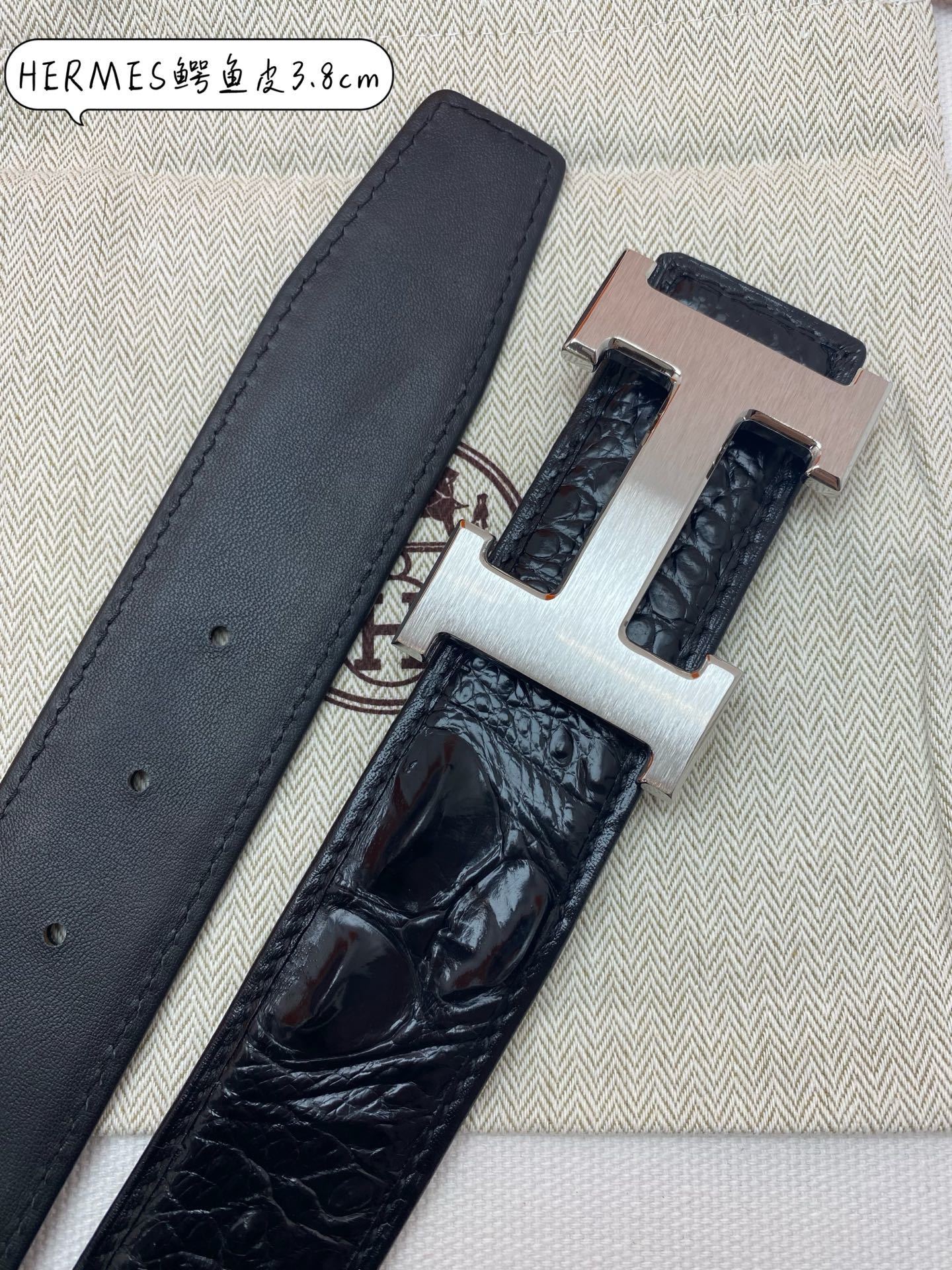 Hermes 3.8cm Black Crocodile Leather Belt with Silver H Buckle