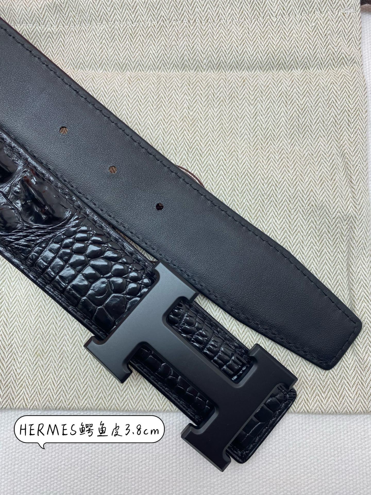 Hermes Men's Crocodile Leather Belt 3.8cm with Matte Black H Buckle