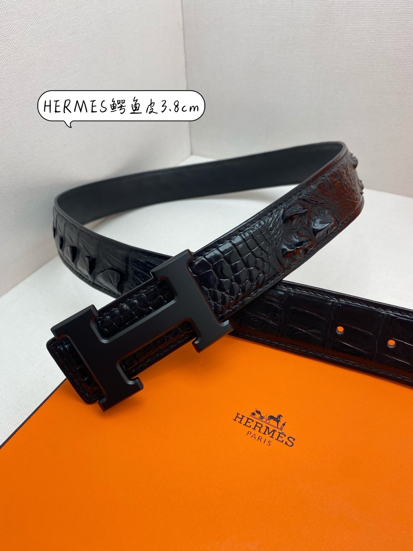 Hermes Men's Crocodile Leather Belt 3.8cm with Matte Black H Buckle