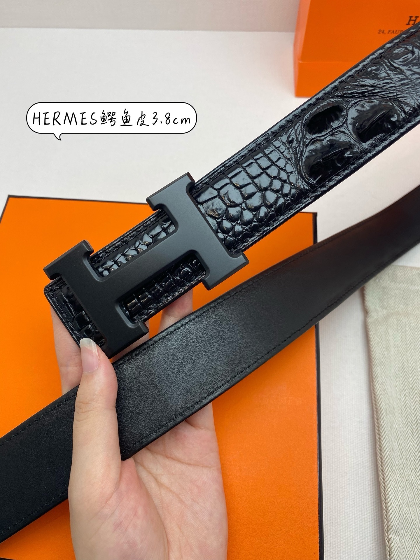 Hermes Men's Crocodile Leather Belt 3.8cm with Matte Black H Buckle