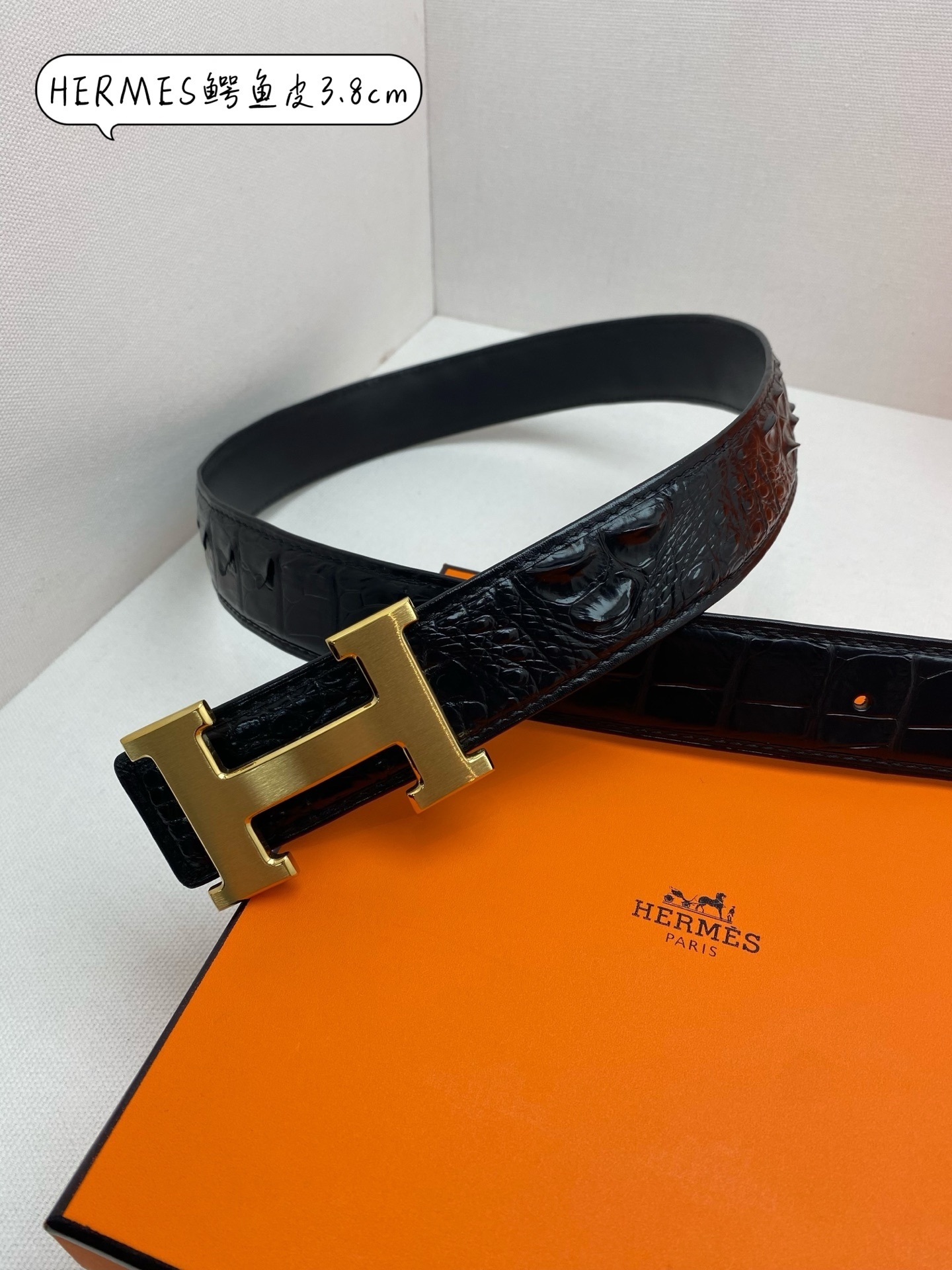 Hermes Crocodile Leather Belt with Gold H Buckle - 3.8cm