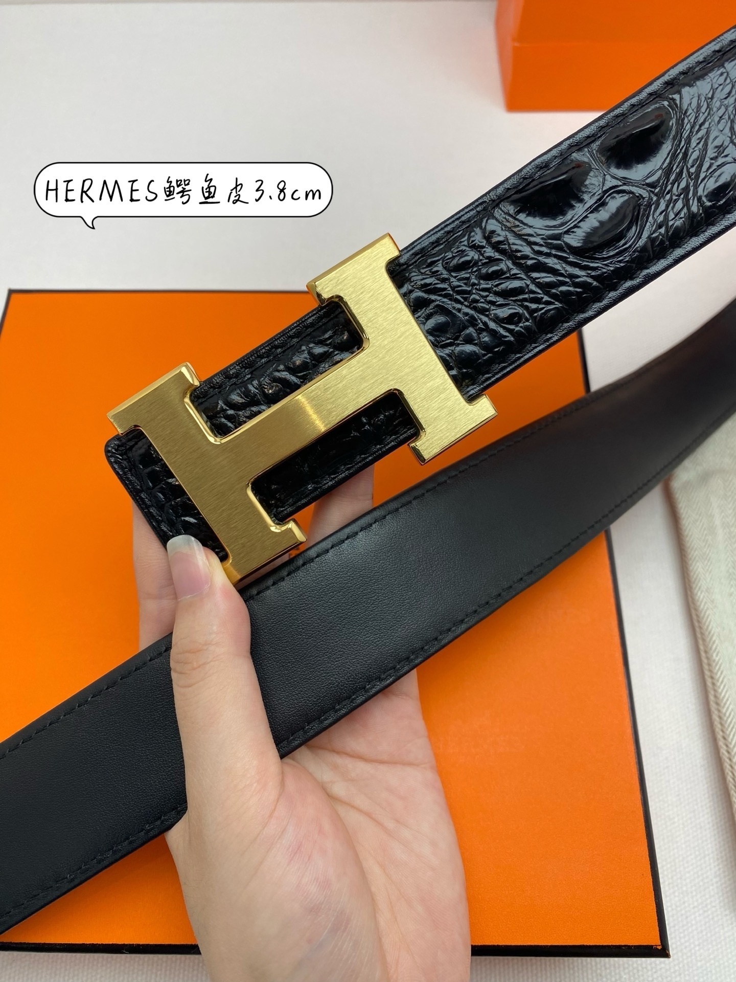 Hermes Crocodile Leather Belt with Gold H Buckle - 3.8cm