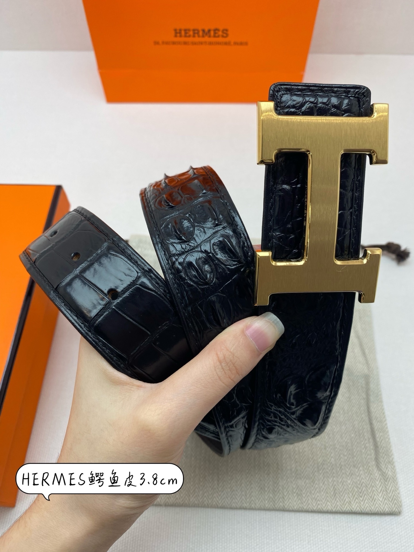 Hermes Crocodile Leather Belt with Gold H Buckle - 3.8cm