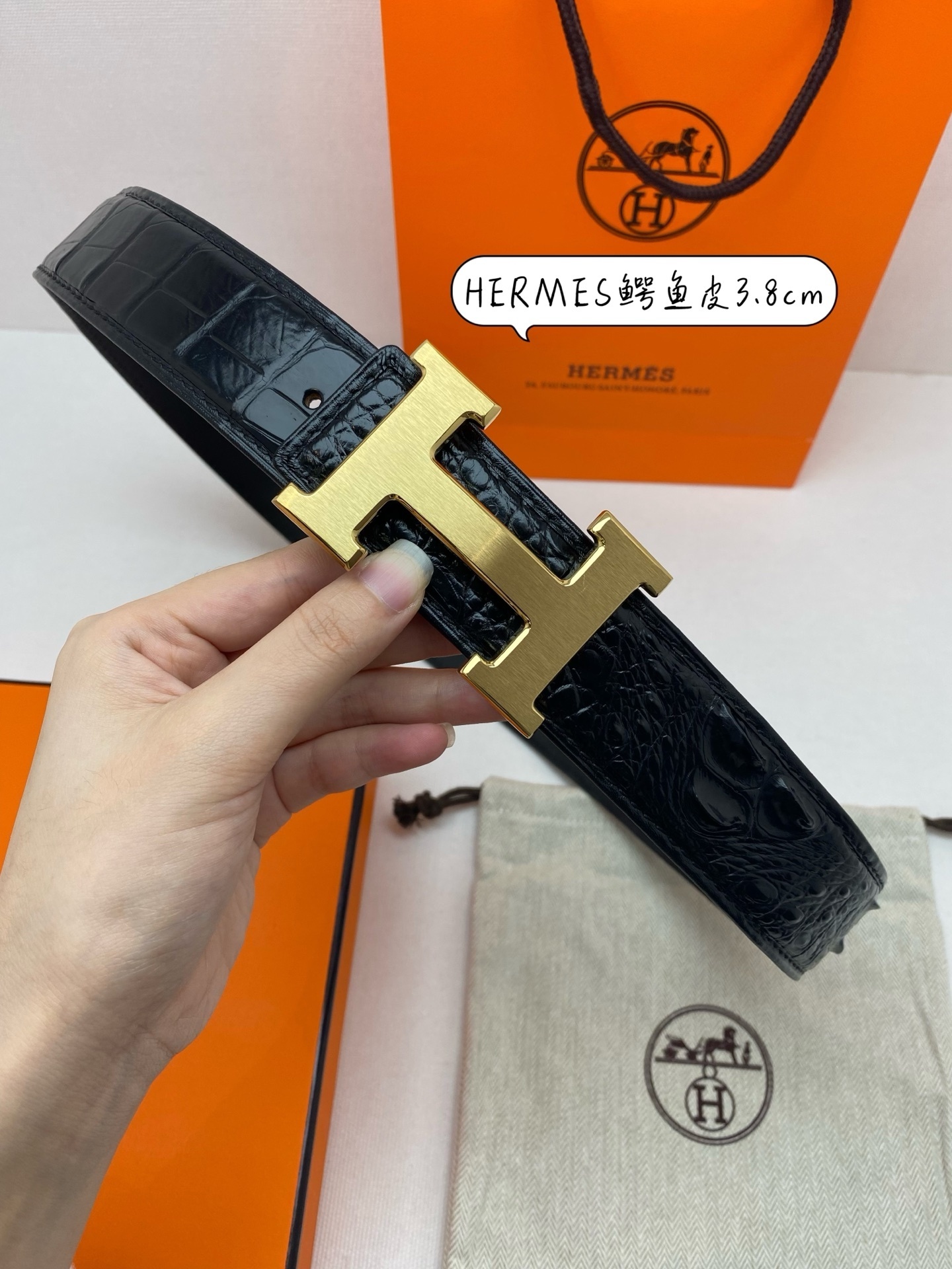 Hermes Crocodile Leather Belt with Gold H Buckle - 3.8cm