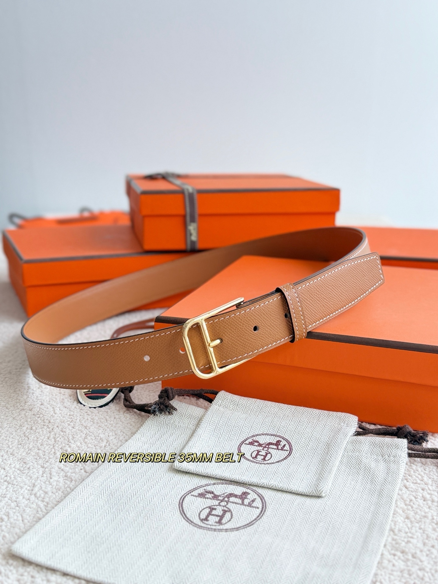 Hermès Romain Reversible 35mm Leather Belt with Gold Buckle