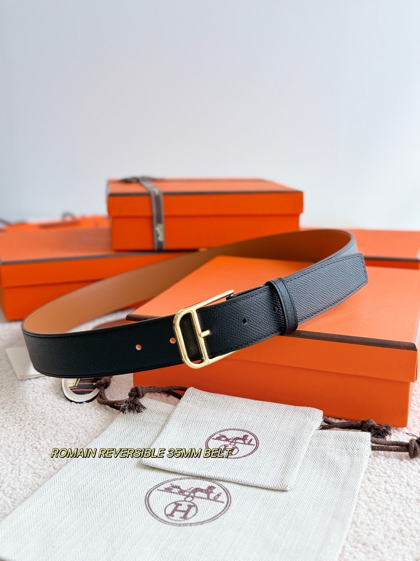 Premium Romain Reversible 35mm Leather Belt with Gold Buckle