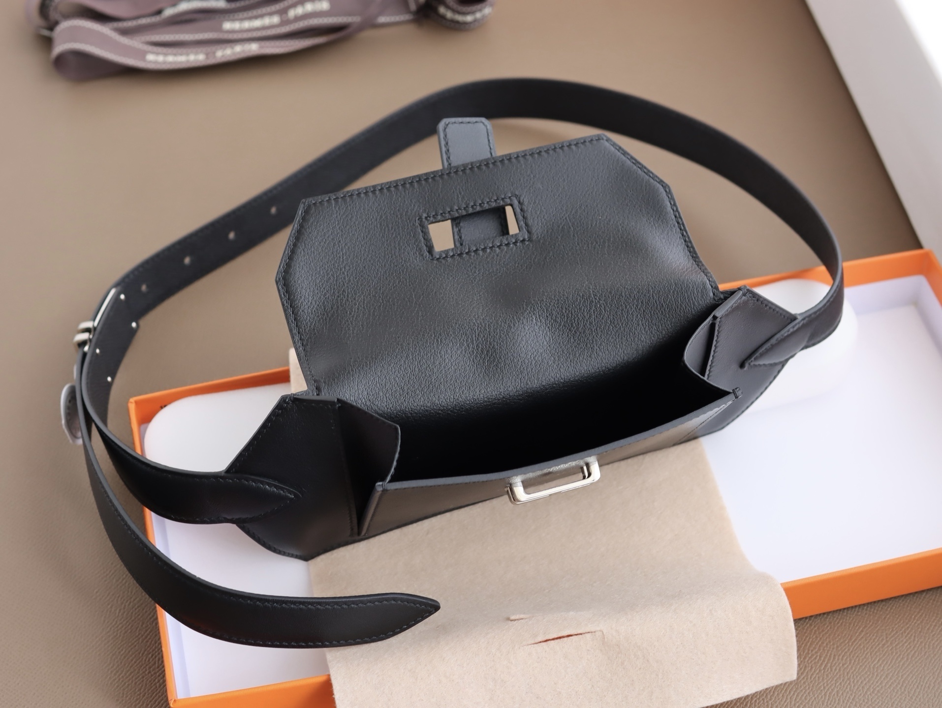 Luxury Black Leather Belt Bag with Silver H-Buckle Hardware