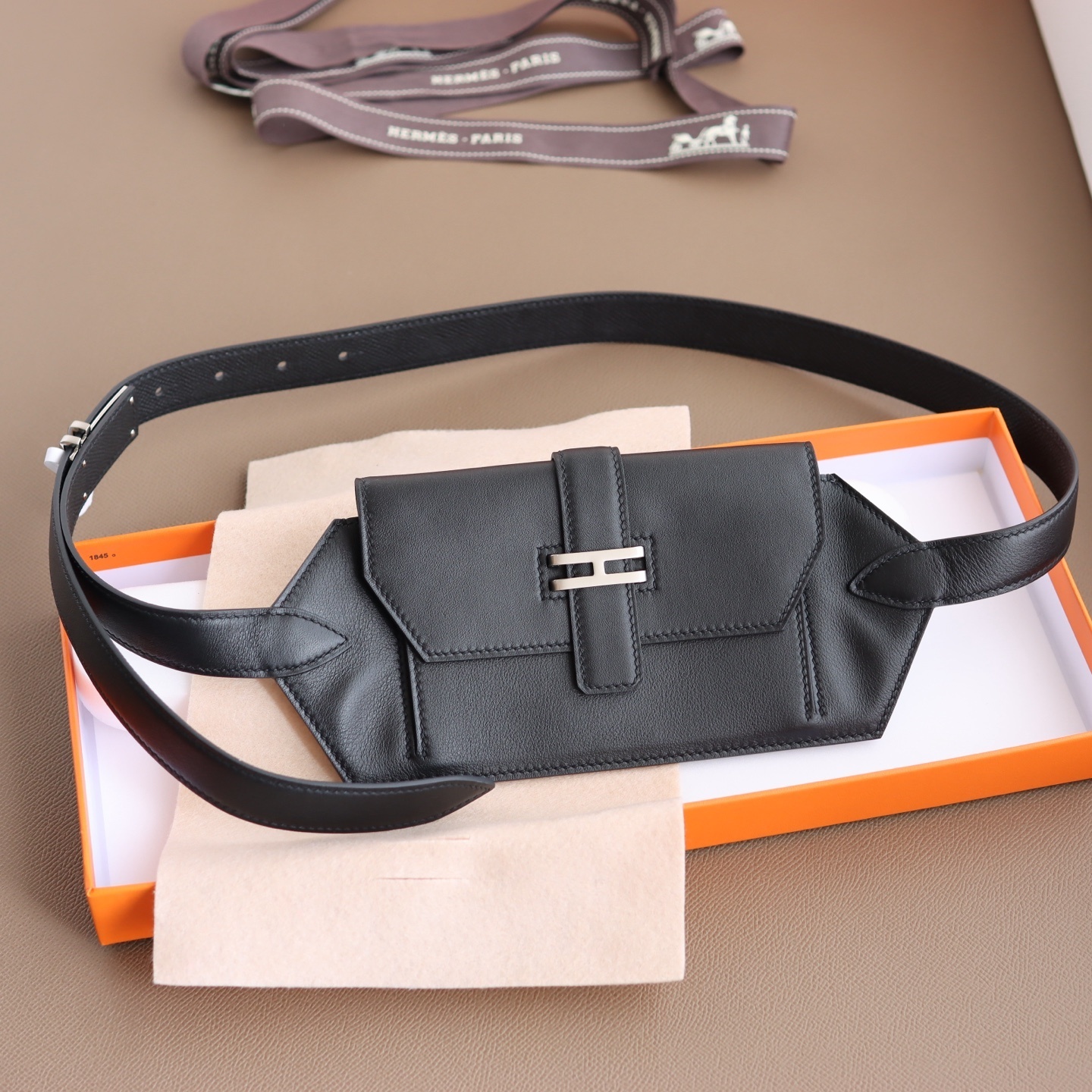 Luxury Black Leather Belt Bag with Silver H-Buckle Hardware