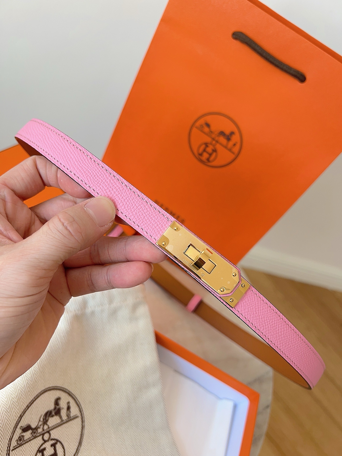 Hermes Kelly Belt Rose Epsom Leather with Gold Hardware