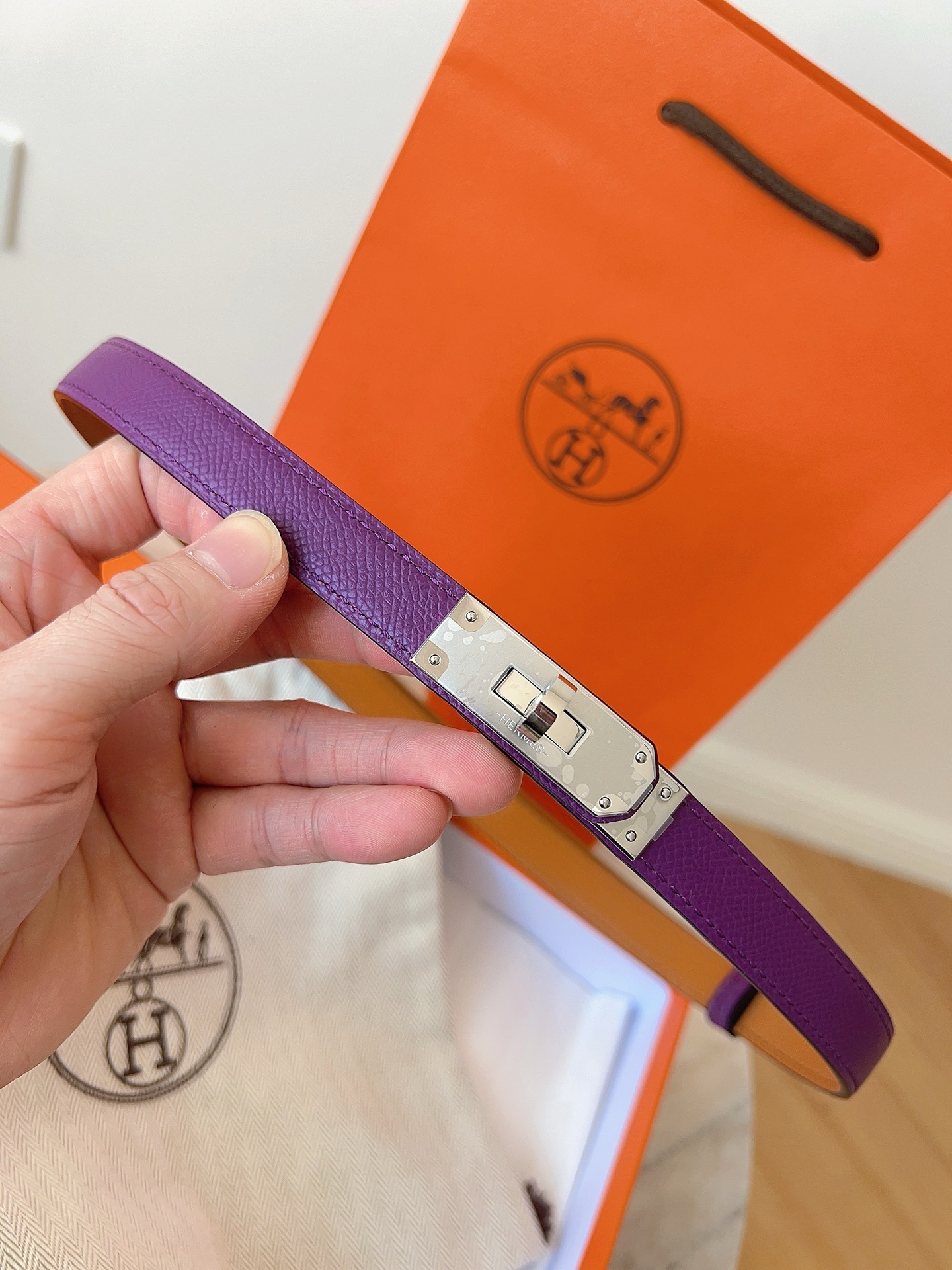 Hermès Kelly Belt Purple Epsom Leather with Gold Hardware